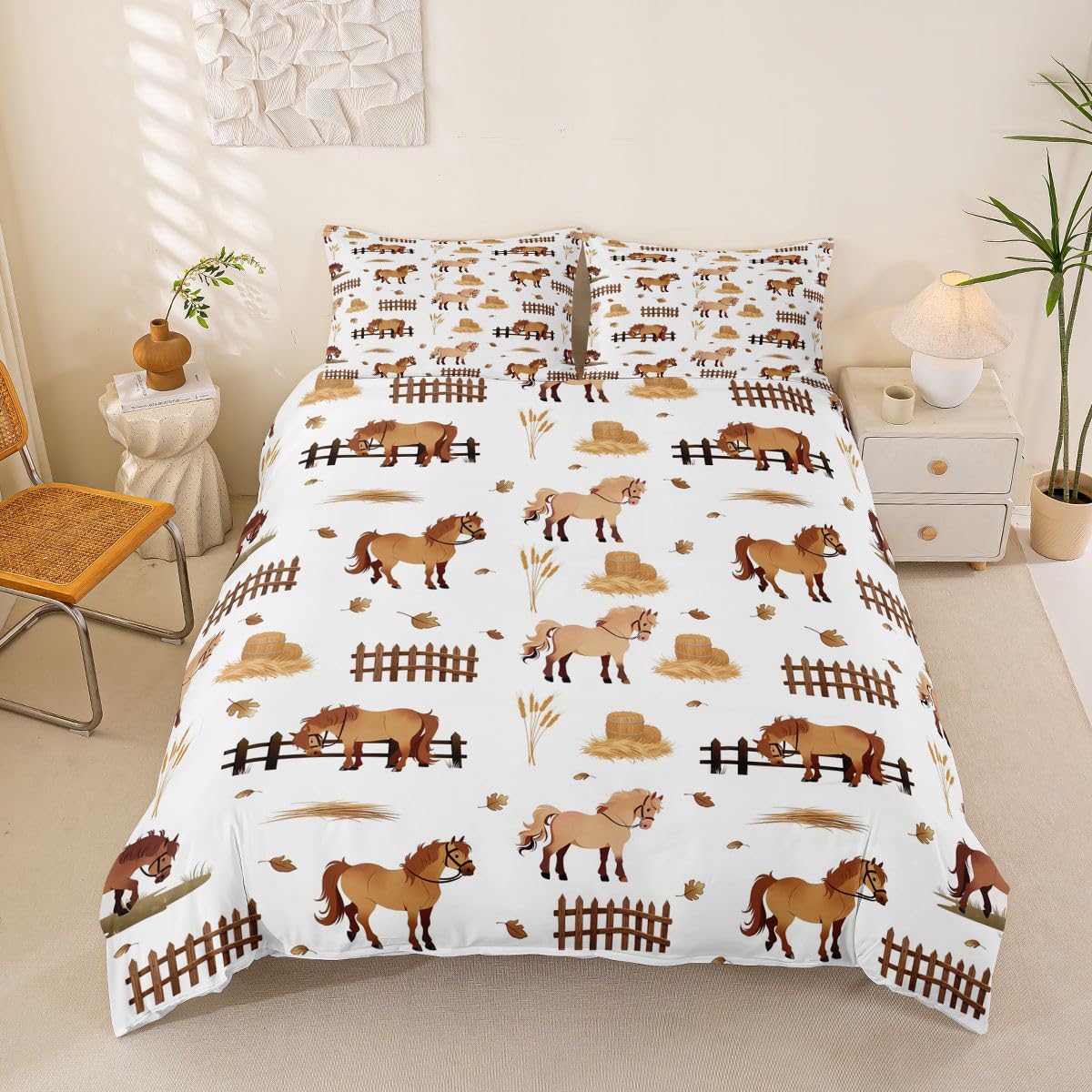 Homemissing Cartoon Horse Duvet Cover Set Double Size for Kids Boys Girls Horse Lovers Bedding Set Farm Animals Duvet Cover with 2 Pillowcases Kawaii Bedding — image 1