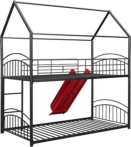 Miniatura 8 de Harper & Bright Designs Litera de metal individual sobre individual con tobogán, litera de casa con tobogán y techo, marco de litera baja para