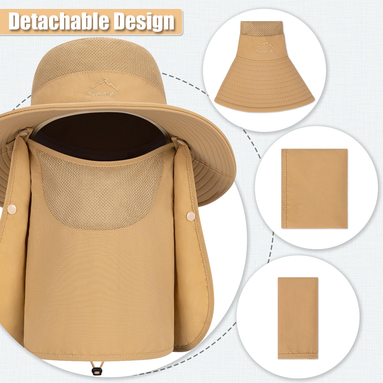 TAGVO Sombreros de Pesca para Hombre Mujer con Cubierta de Cuello Desmontable, Gorros de Pescador con Protección UPF 50+, Sombreros y Gorras de Sol Plegables para Cámping Excursionismo Caminando — view 4