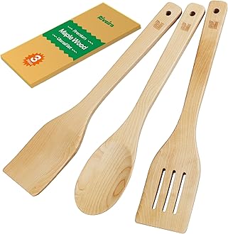 Riveira Maple Wooden Spoons for Cooking Set of 3 – Natural Maple Wooden Cooking Utensils, Wooden Spatula, Wooden Spoon - Premium Quality Wooden Utensil Set for Non-Toxic Cooking