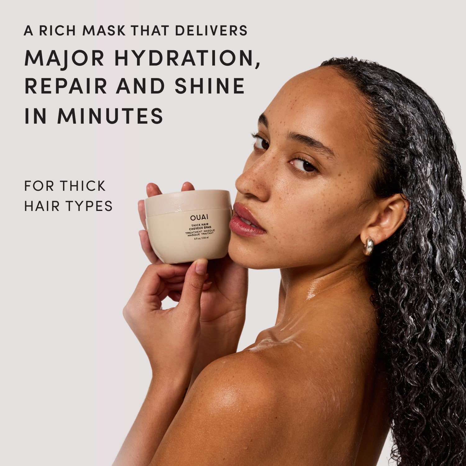 OUAI Mascarilla Thick - Tratamiento capilar con aceite de almendra, aceite de oliva y queratina hidrolizada para reparar el cabello dañado - Sin ftalatos ni parabenos (100 ml)