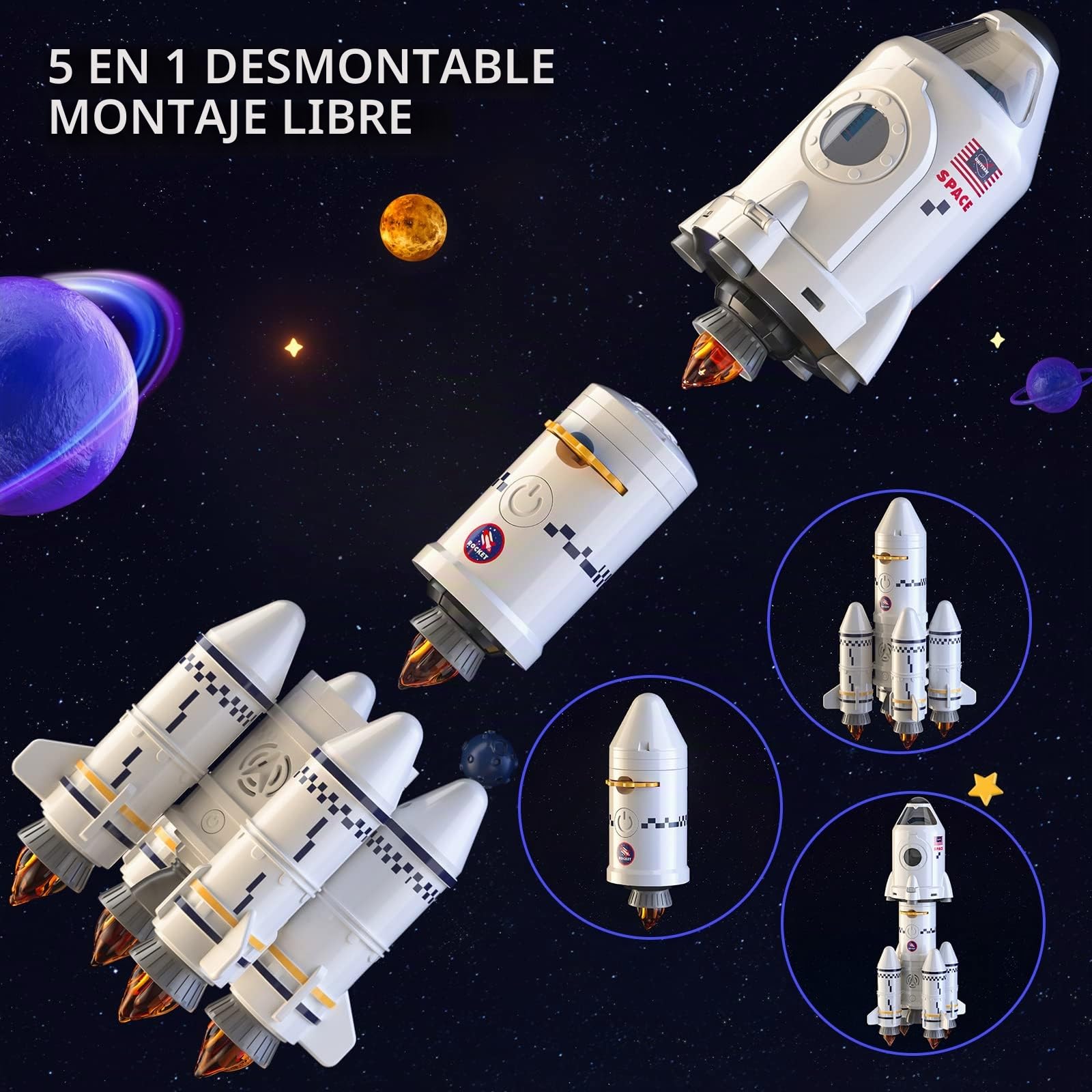 TEMI Juguete de cohete espacial para 3, 4, 5, 6, 7, 8, 9 años, juguete educativo de ciencia, 5 en 1, con 2 astronautas, lámpara de proyección, juguete espacial, regalo para niños y niñas