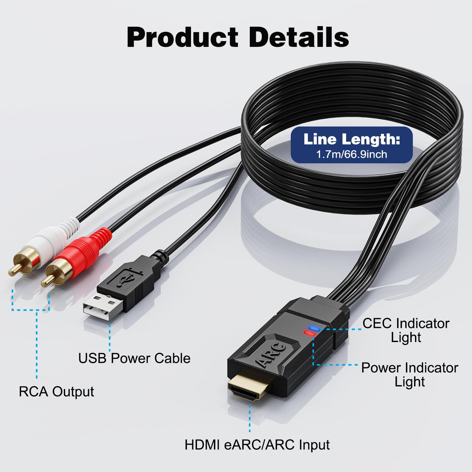 1.8M HDMI eARC/ARC to RCA Audio Converter for TV to Speaker | 192KHz HDMI eARC/ARC to RCA Cable, HDMI Audio Extractor for Speakers, Soundbars, Stereo System (PCM 2.0 Only)