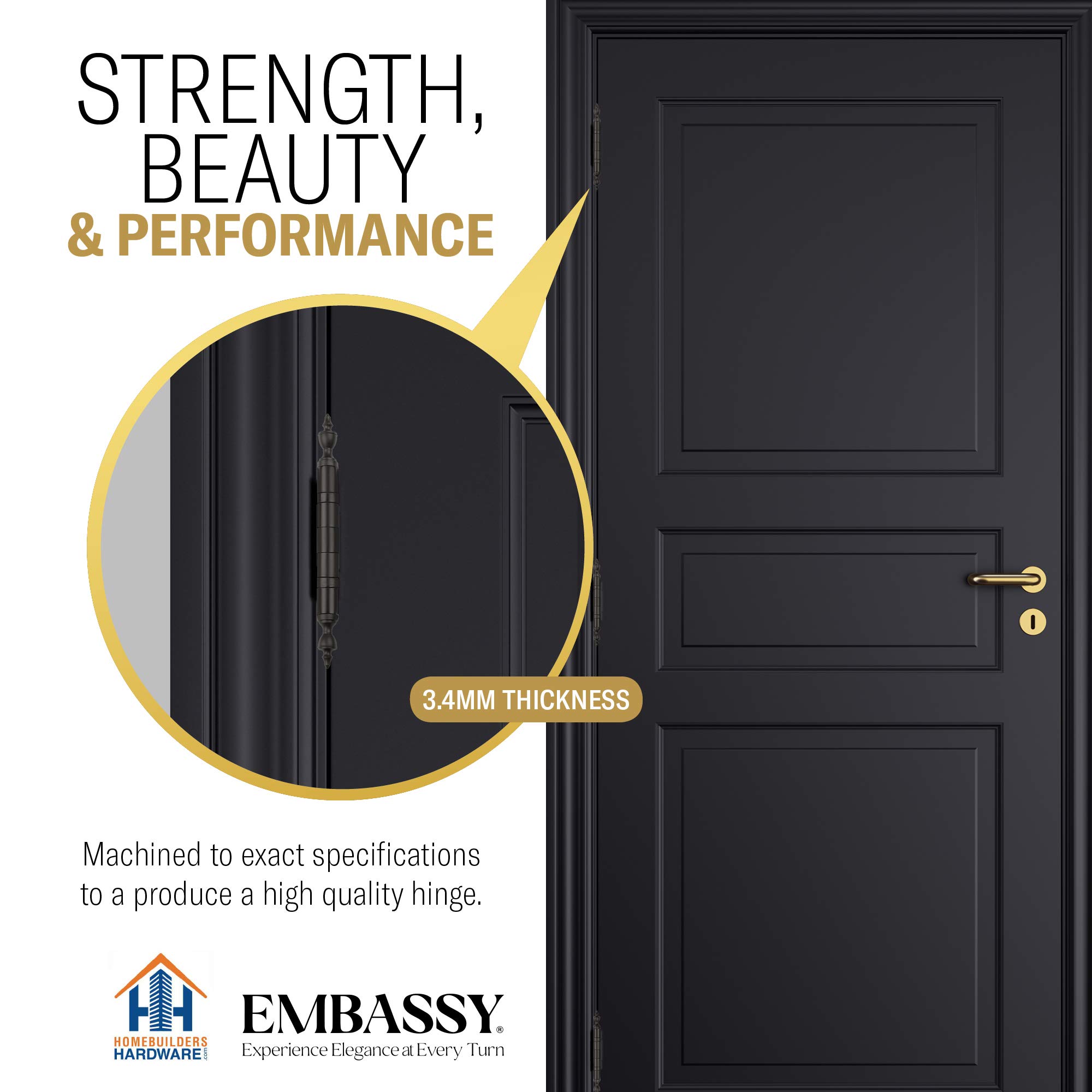 Puerta bisagras 4 "x 4" extruido Solid Brass Cojinete de bolas latón Bisagra resistente aceitado bronce Us10B extraíble de acero inoxidable botón/urna/bola de Pin, grado arquitectónico, puntas incluidas – juego de 2 bisagras