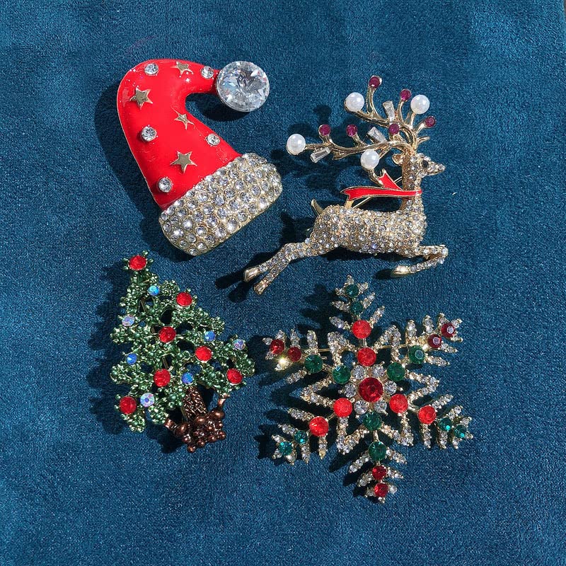 Image of Christmas Brooch Pins Crystal Christmas Tree Snowflake Jingle Bell Reindeer Enamel Brooches Holiday Party Gift for Women