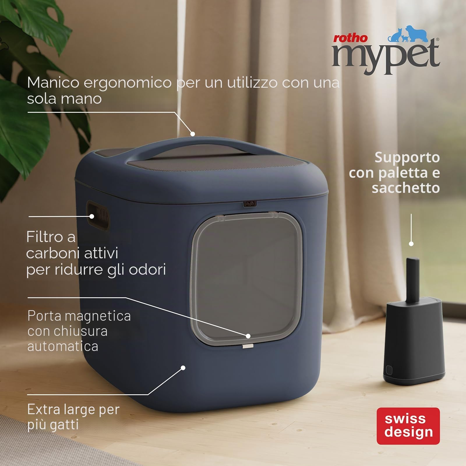 Rotho MyPet Bea - Lettiera per gatti XXL con cappuccio e pala, in plastica (PP riciclato), blu, 61,4 x 49,9 x 57,6 cm
