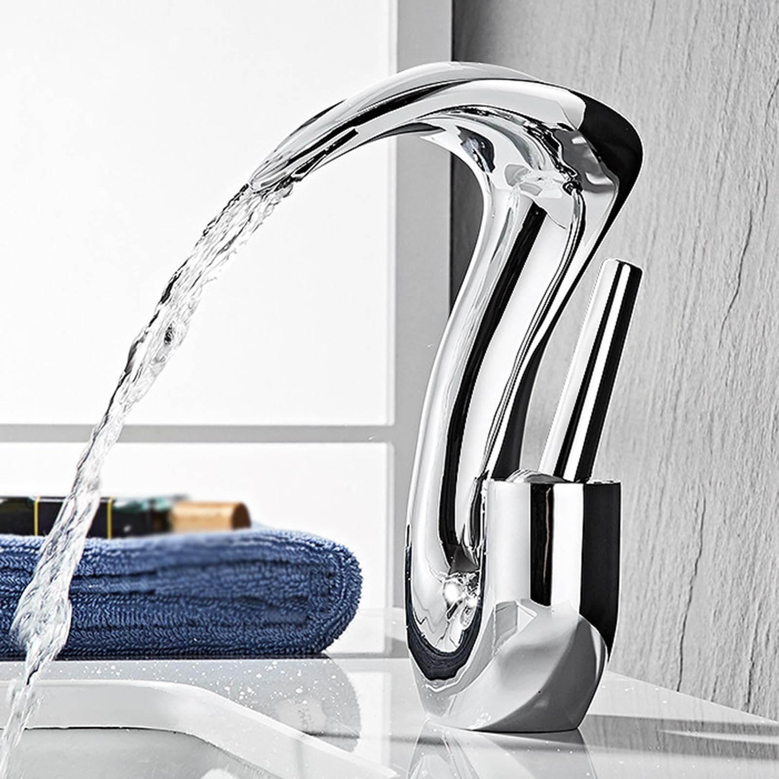 ANVLOJRIH Waterfall Bathroom Basin Mixer Tap, Hot and Cold Brass Modern Bathroom Basin Taps for Washbasins Chrome