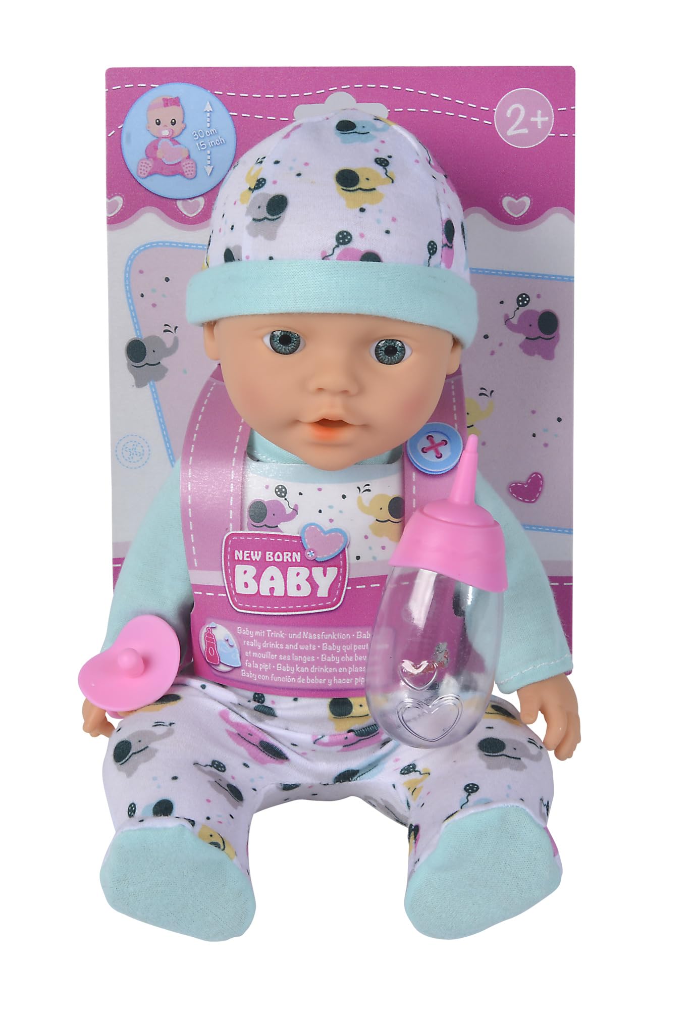 Simba New Born Baby Small Elephant Full Vinyl Doll with Drinking and Wet Function, Bottle and Dummy, 30 cm, from 2 Years