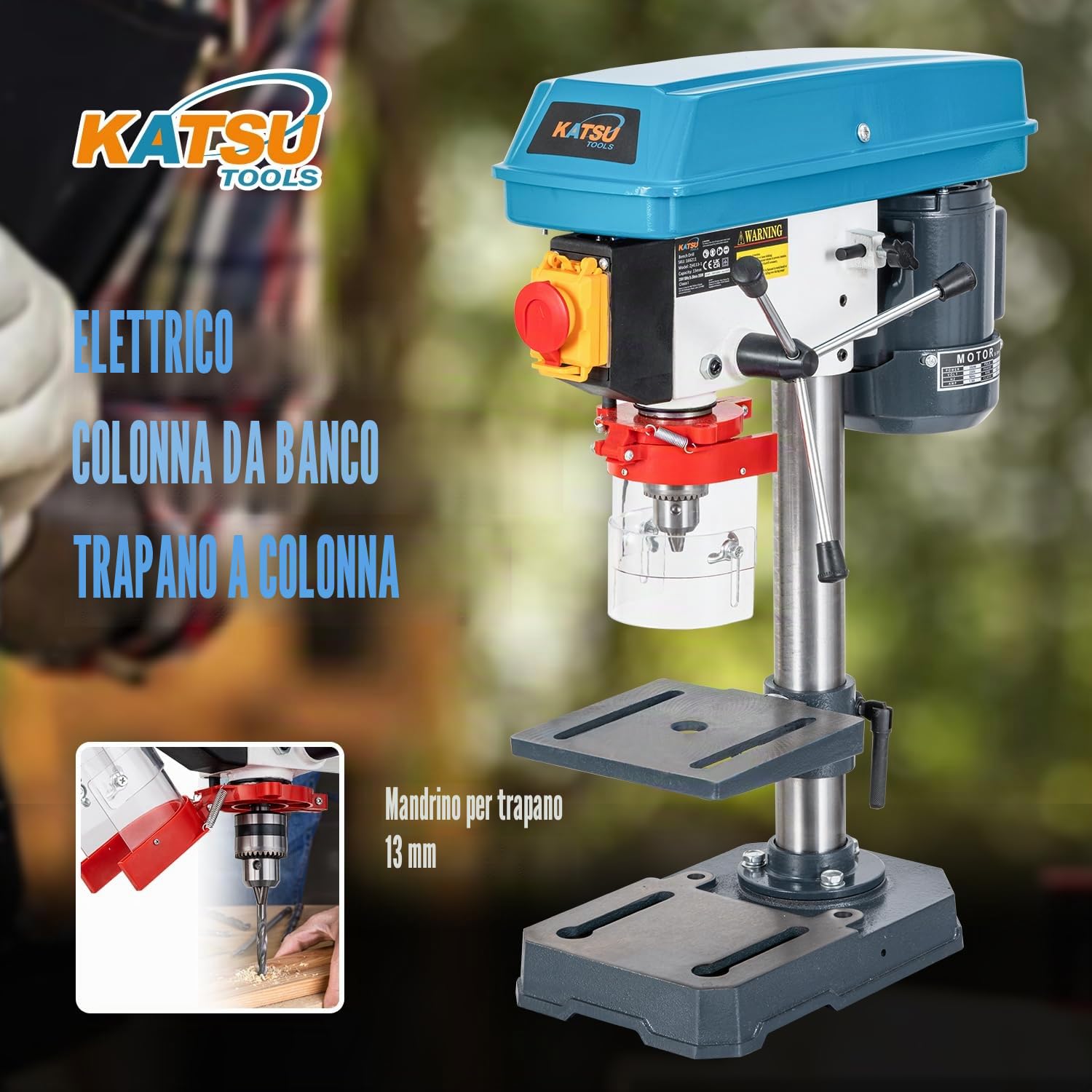KATSU Tools Trapano a colonna 350 W – mandrino 13 mm, 5 velocità, profondità max 50 mm, 2650 giri/min, tavolo regolabile