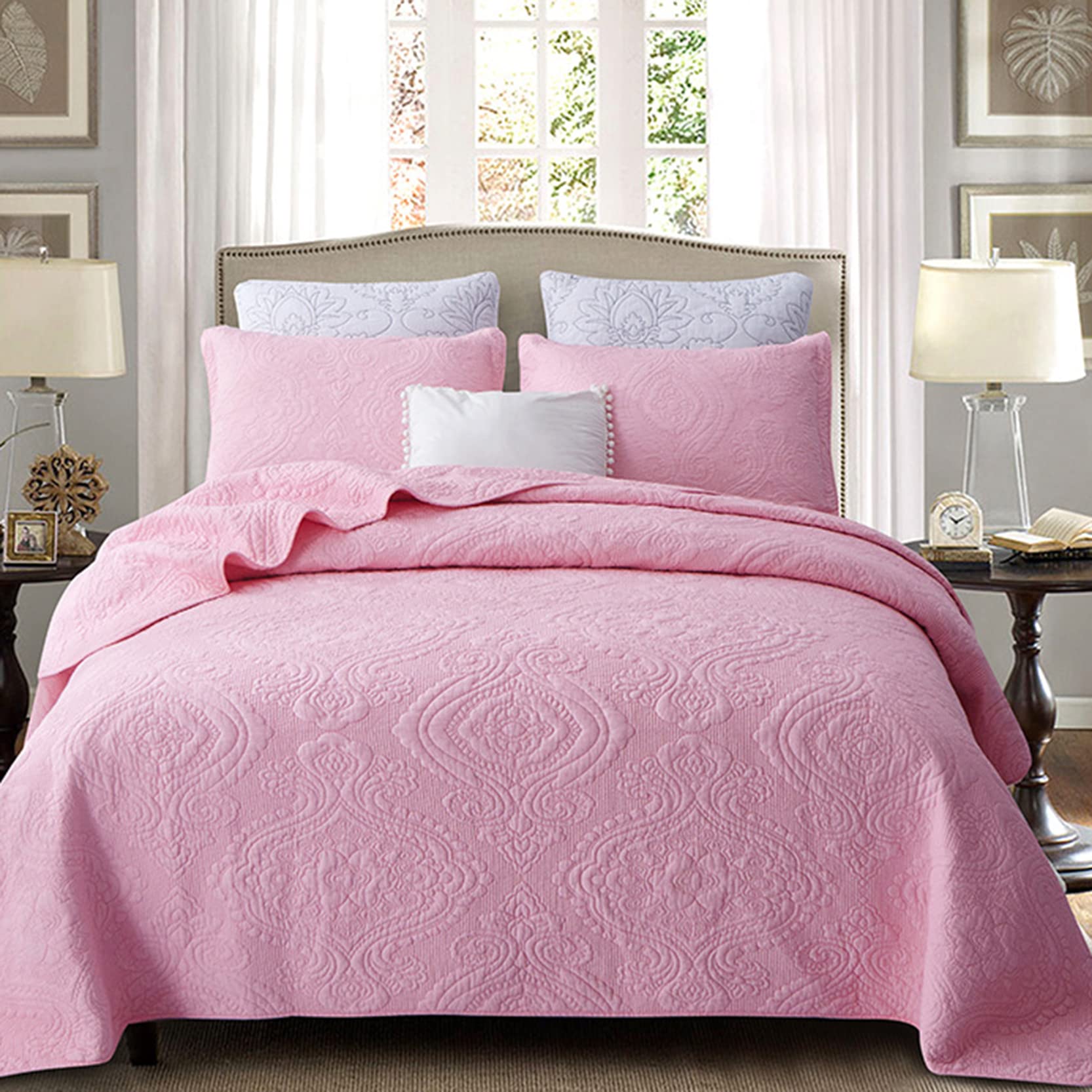 Sjdopulse Pink Quilted Bedspreads King Size 3 Piece,Soft Cotton Bed Throws Quilt Bedspread Coverlets Sets With 2 Pillowcases,Elegant Embroidery Pattern Bed Coverlet Gift,-230X250cm