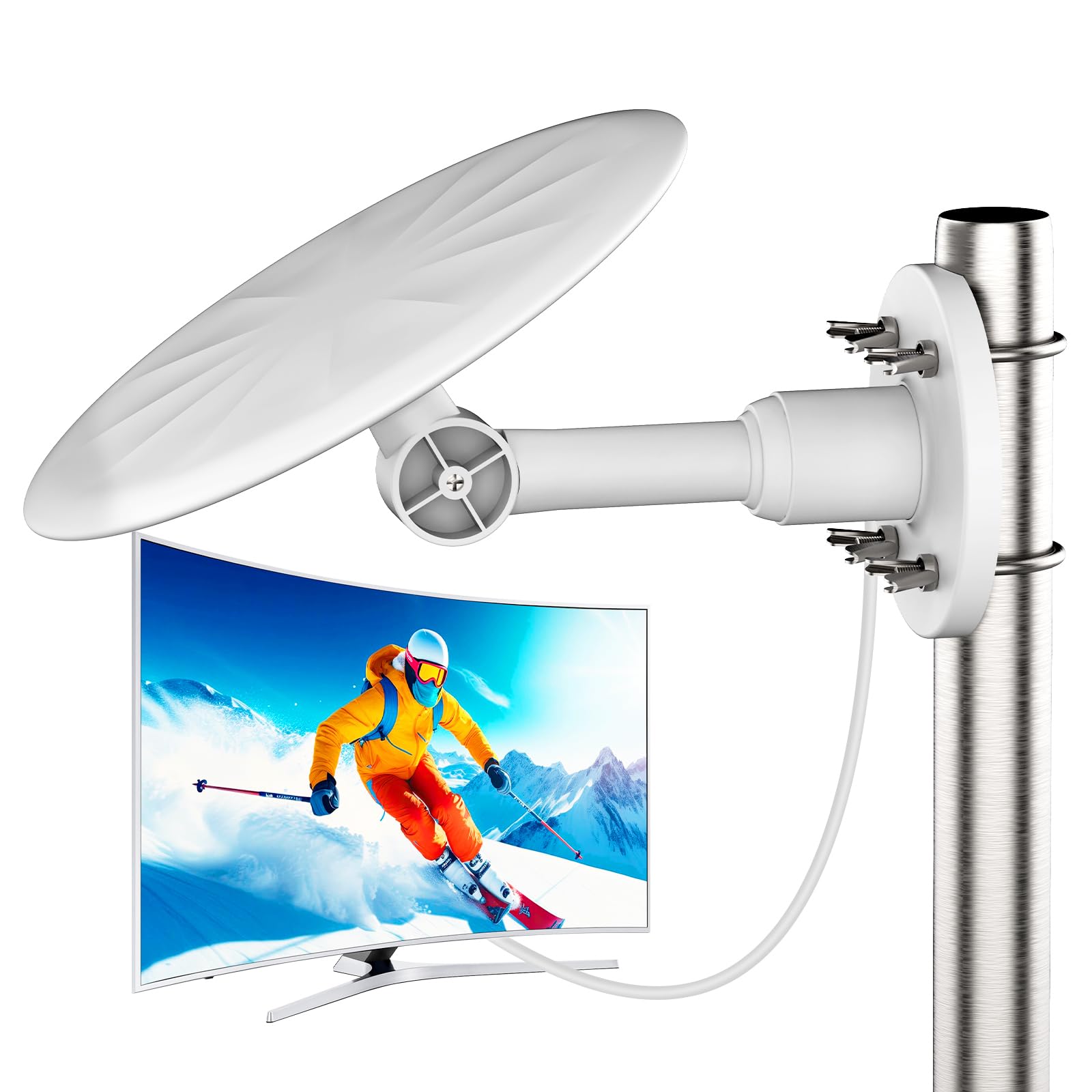 Antena TV Exterior Blanca para Smart TV – Antena TDT Digital HD 4K/1080P de Largo Alcance, Recepción Estable UHF/VHF, Compatible con DVB-T2/DVB-T, Resistente a la Intemperie，Blanco