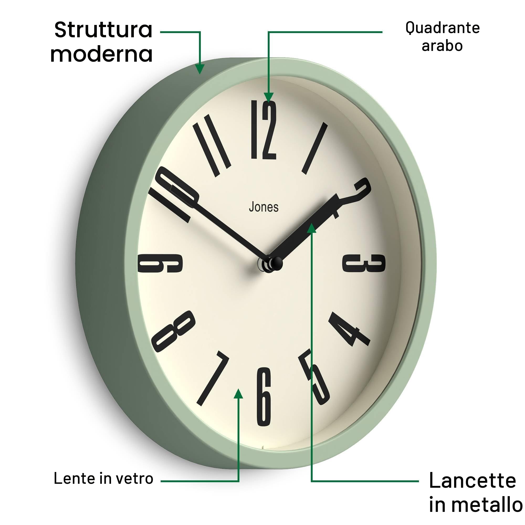 Jones Clocks® Hot Tub Orologio a parete | Piccolo orologio a tondo retrò | 20cm | Verde pallido | Numeri facili da leggere | Ideale per cucina, ufficio, stanza dei bambini, spazi grandi o piccoli