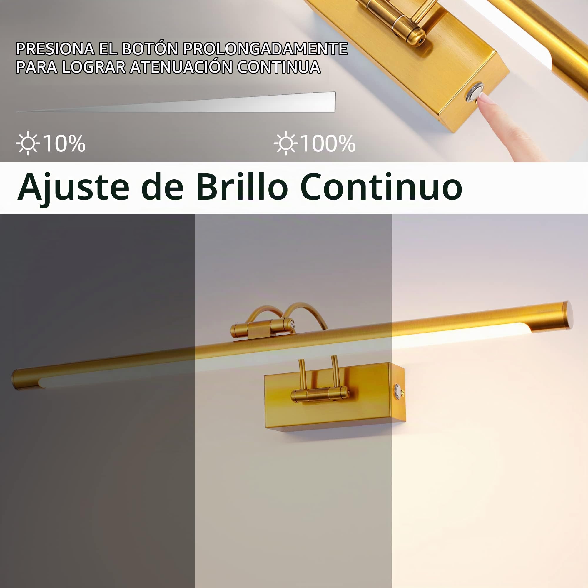Espejo Baño LED 60cm 3 Temperaturas de Color Regulable y Brillo | 12W Latón Luz de Pared Arco con Cabeza Giratoria, Regulable Sin Escala, Antivaho, Espejo Iluminado para Baño y Tocador