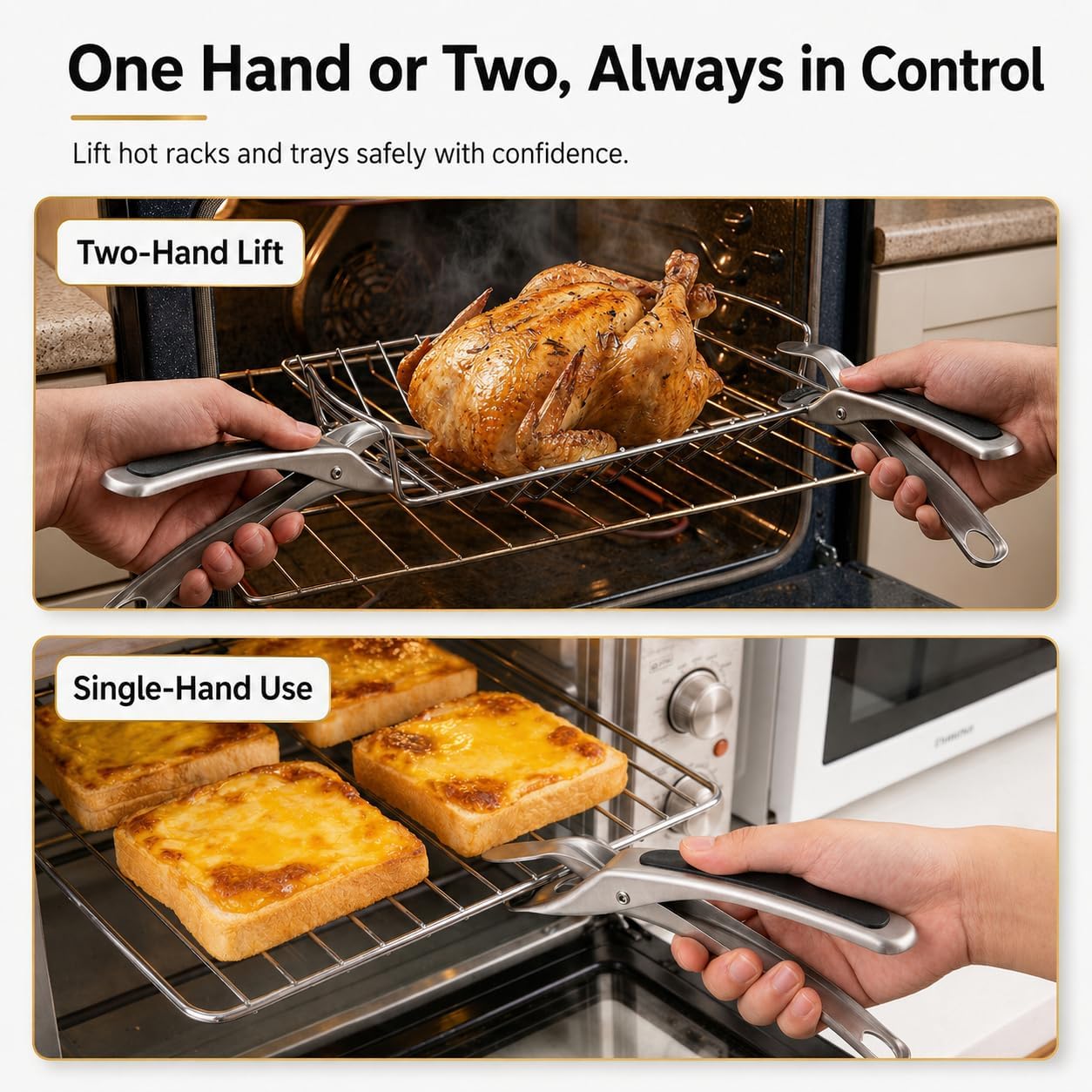 2 Pack Hot Plate Gripper Tongs, Stainless Steel Anti-Scald Plate & Bowl Holder with Non-Slip Silicone Pads, Heat Resistant Pan Grabber for Microwave, Air Fryer, Oven