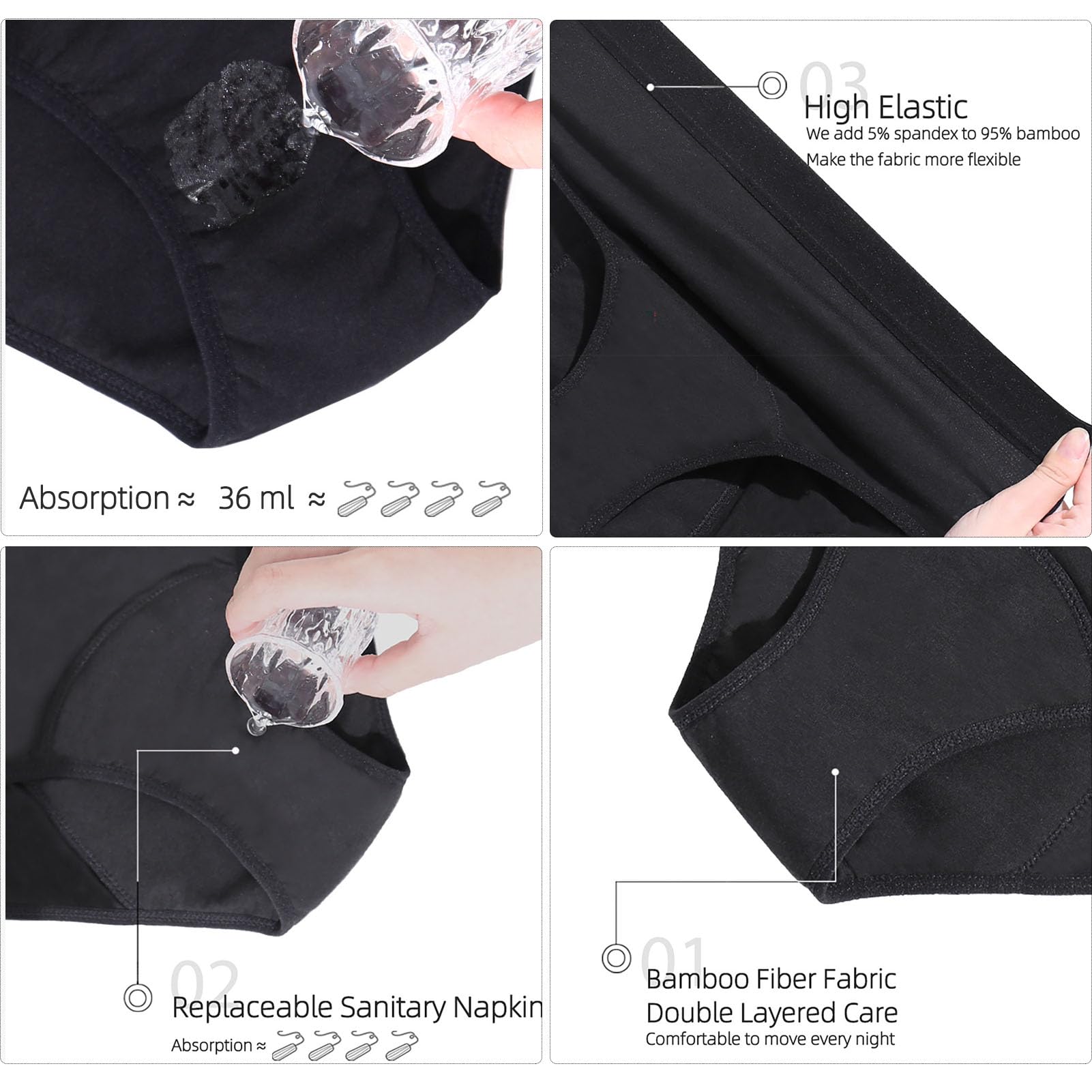 Cintura Media, Braguitas Menstruales Mujer Absorbente Y Lavable-Black||XS