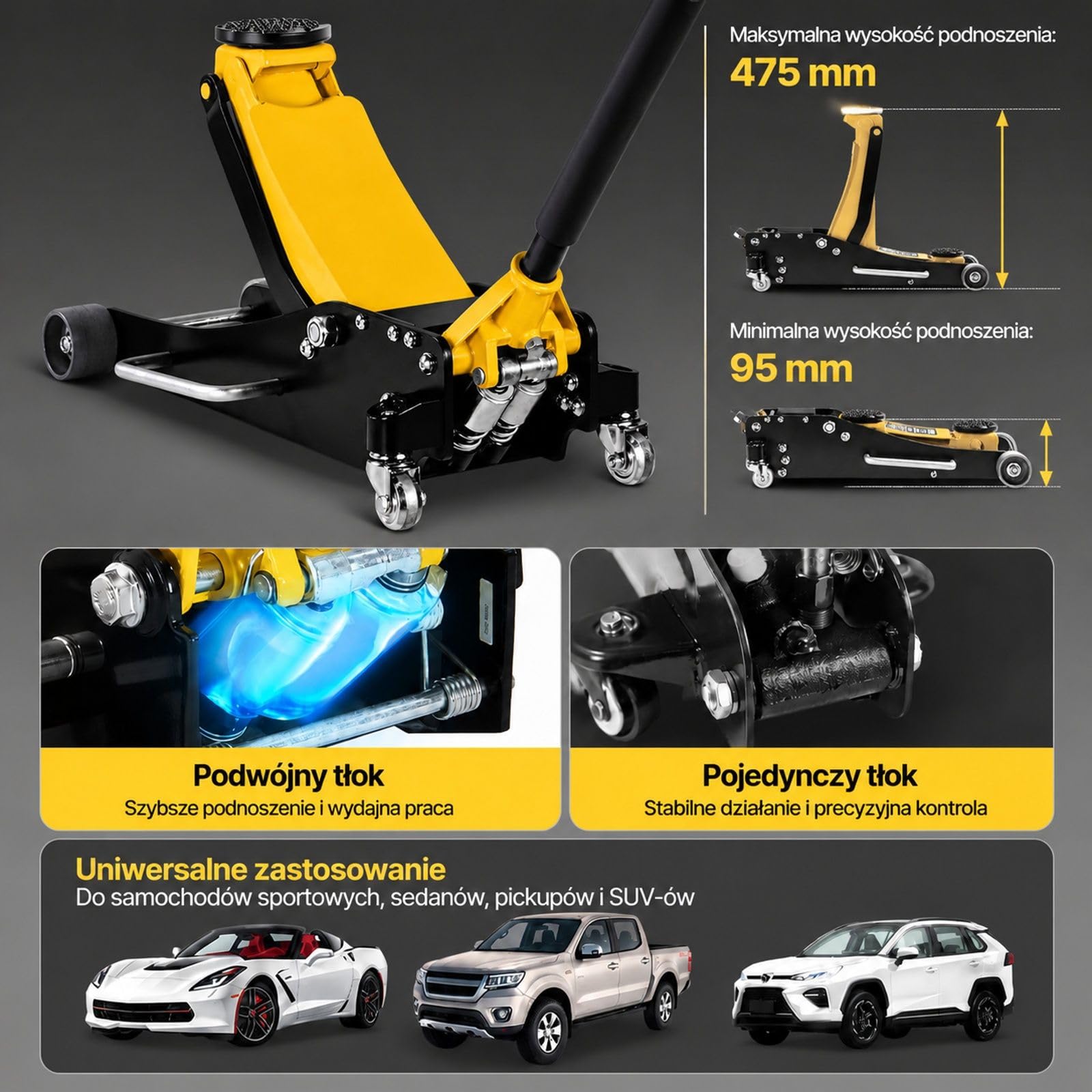 Hydrauliczny podnośnik podłogowy z kołami 360°, udźwig 2,5 t, dwutłokowa pompa szybkiego podnoszenia, żółty czarny, do kompaktowych SUV-ów