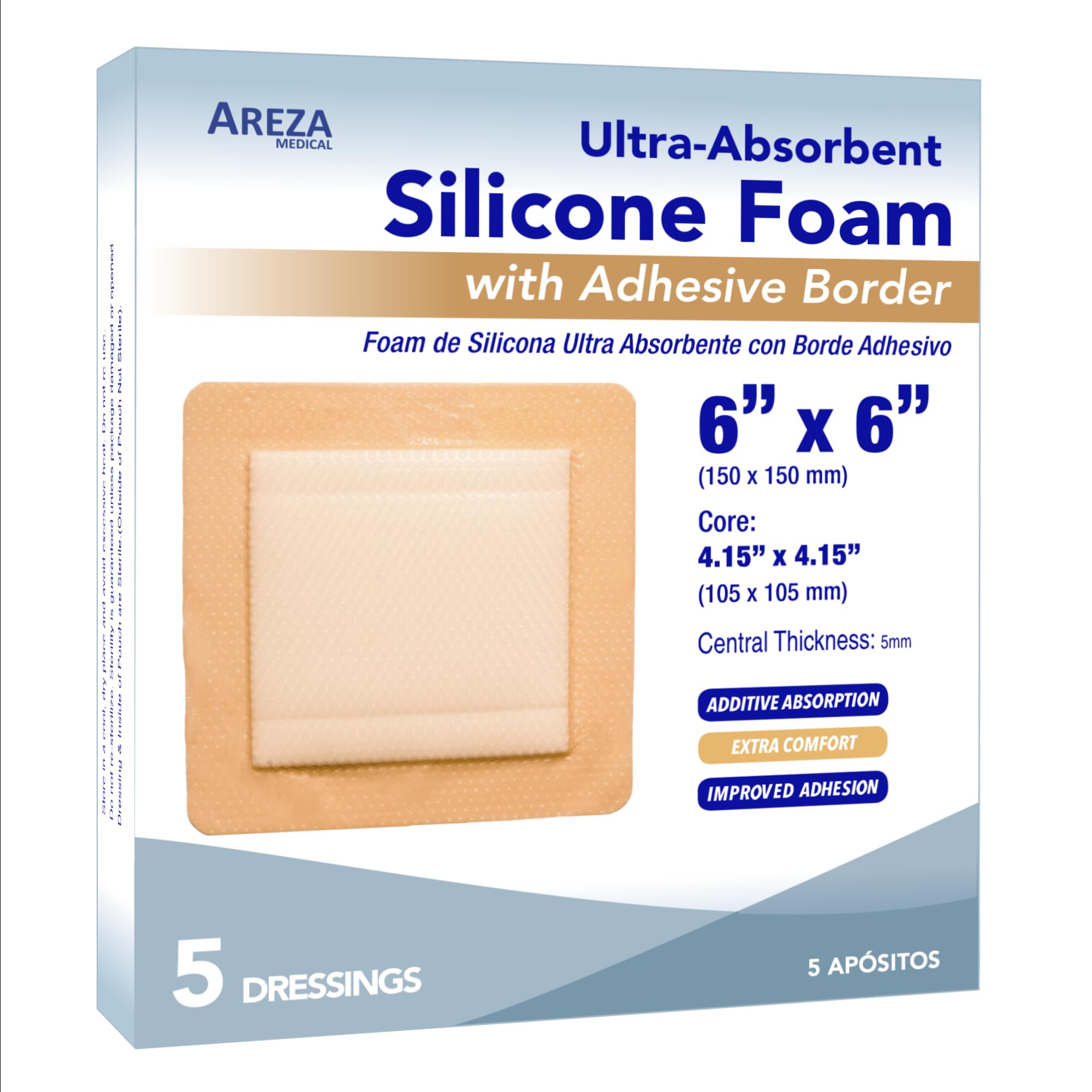 Silicone Foam with Super-Absorbent Layer - Wound Dressing - Waterproof - with Silicone Adhesive Border - Sterile - 6" x 6" - 5 PCS per Box