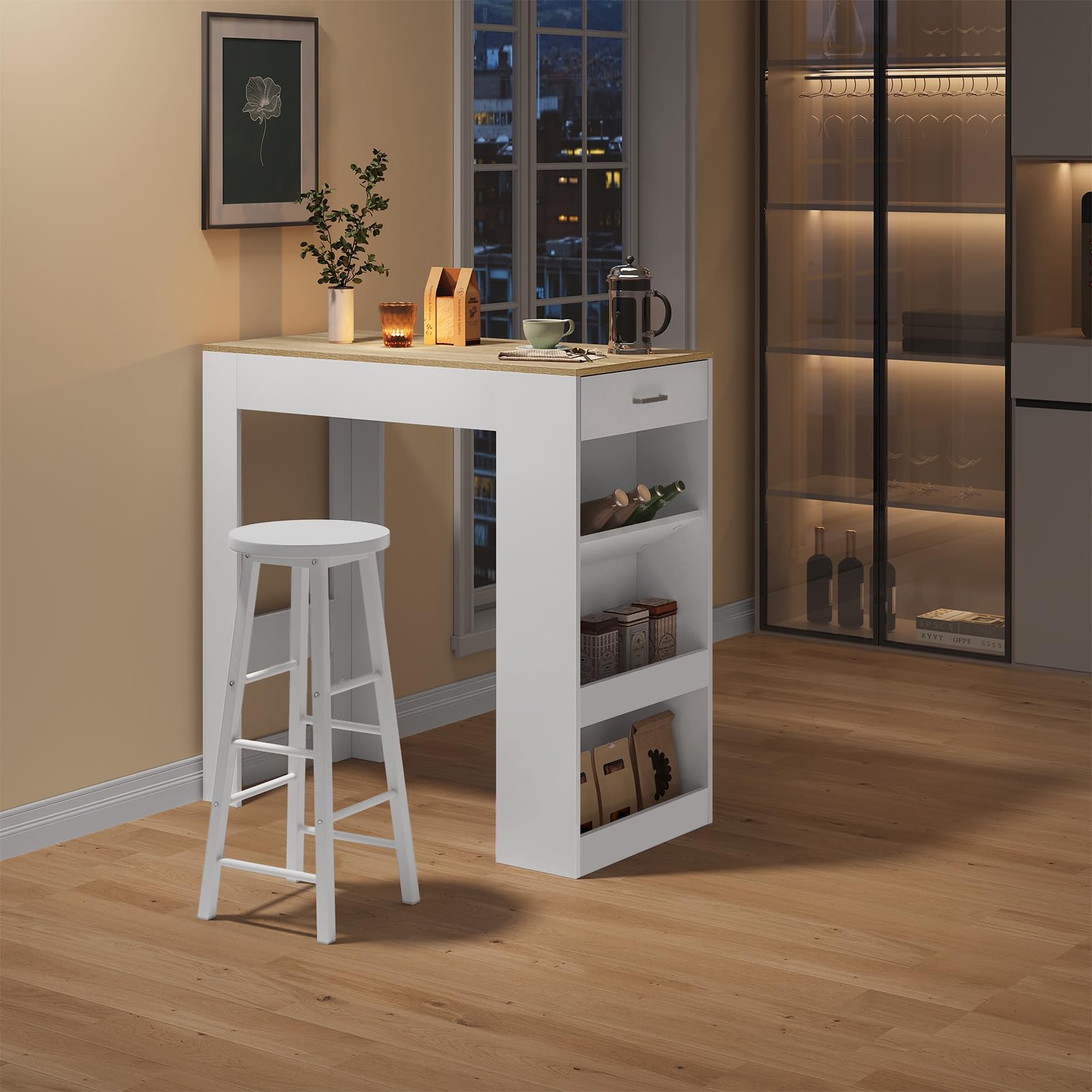 WOLTU Table de Bar, Table Haute Cuisine, 1 Tiroir et 3 Compartiments Ouverts pour Rangement Latéral, en Bois d'Ingénierie (avec Planches en Bois, Chêne Clair + Blanc, 100 x 50 x 100 cm)