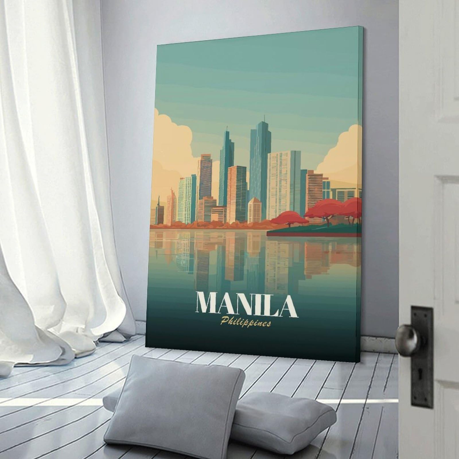 Junmoney Manila Skyline Reflection Wall Art Print, 24x36inch(60x90cm), for Living Room, Bedroom, Office Or Hallway, Canvas Wall Art That Fits Changing Layouts