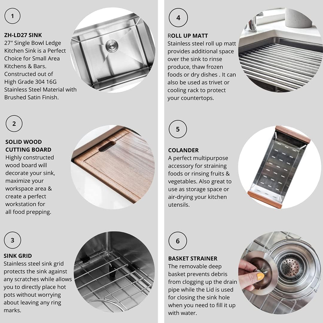 ZEEK 27 Workstation Stainless Steel Kitchen Sink Undermount with Accessories Single Bowl 16 Gauge
