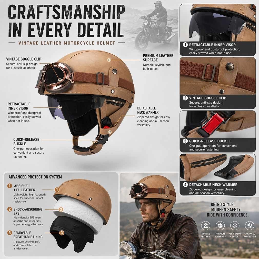Kask motocyklowy w stylu retro, ze skóry PU, ECE 22.06, lekka powłoka ABS, zdejmowana wyściółka wewnętrzna, z okularami i osłoną twarzy, klamra szybkiego zwalniania, unisex, do miejskich i wiejskich