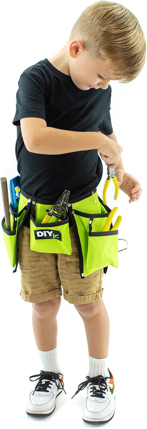 My First Tool Belt Green by DIYjr - Real Tool Belt for Kids Sturdy Tool Apron for Children Construction Childs Toolbelt Adjustable Boys and Girls Junior Carpenter Set