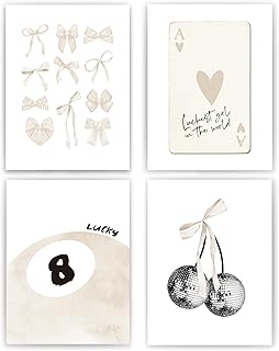 okaxscm Beige Coquette Trendy Preppy Wall Art Prints Set of 4,Coquette Room Decor, Preppy Room Decor Aesthetic,Beige Bow D...