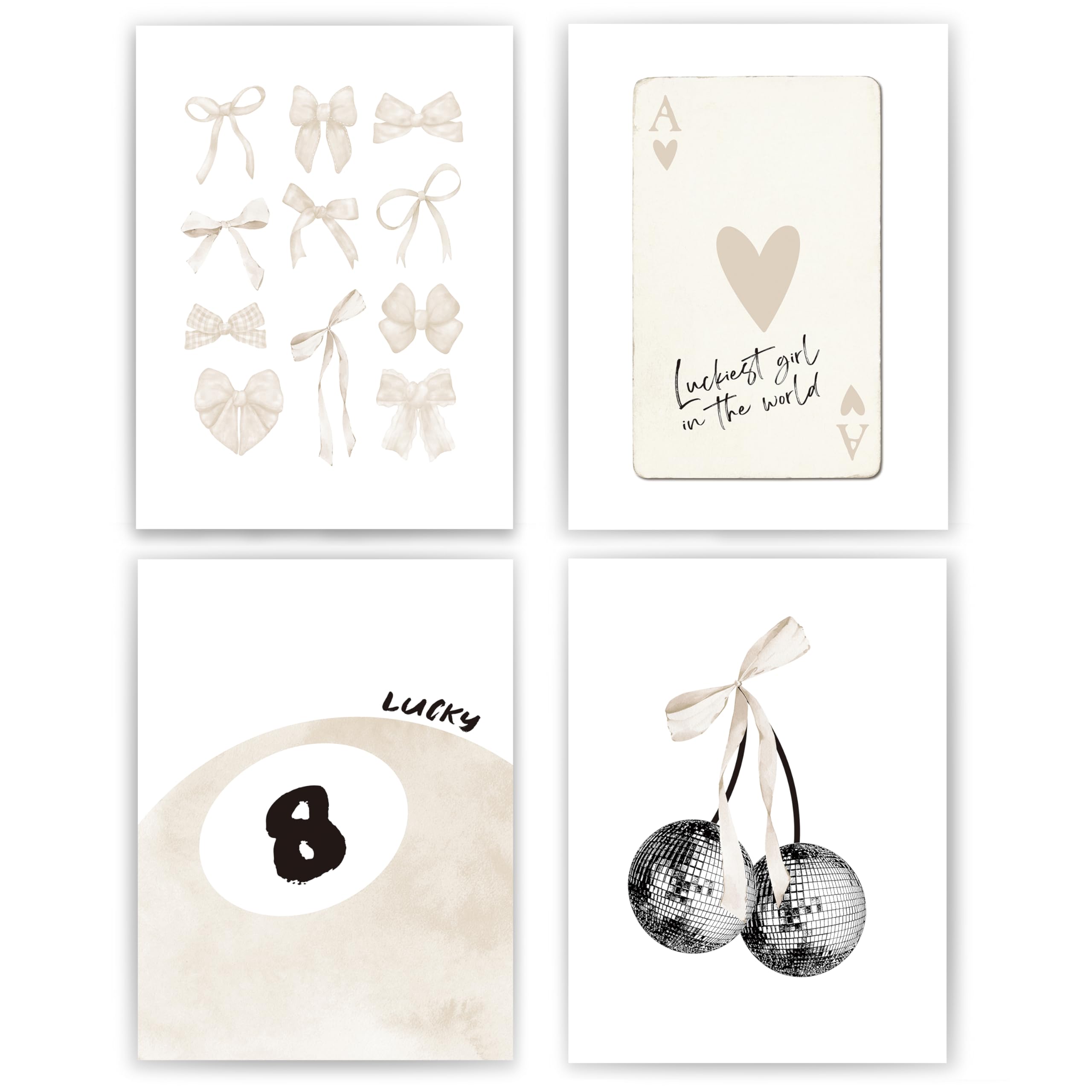 Beige Coquette Trendy Preppy Wall Art Prints Set of 4,Coquette Room Decor, Preppy Room Decor Aesthetic,Beige Bow Disco 8 Ball Cherry Wall Decor Posters for Girls Bedroom Dorm, 12x16 Unframed