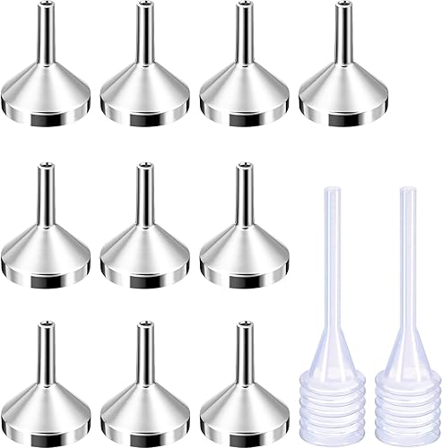Paquete de 10 embudos pequeños de metal con 2 mini pipetas para llenar botellas pequeñas o recipientes, atomizadores, perfumes, líquidos (plateado)
