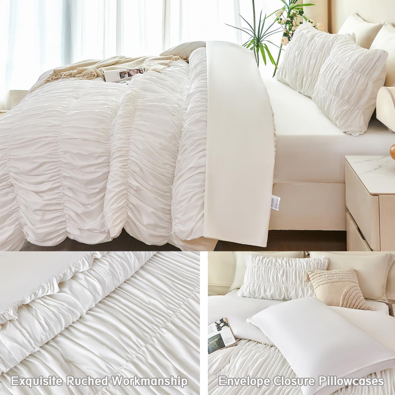 PERFEMET White Bedding Full Size Set, 5 Pieces Fluffy Ruched Comforter Set (79"x90"), Luxury Soft Boho Chic Ruffled Bed in a Bag with Sheet, All Season Farmhouse Pleated Texture Bed Sets(White, Full)