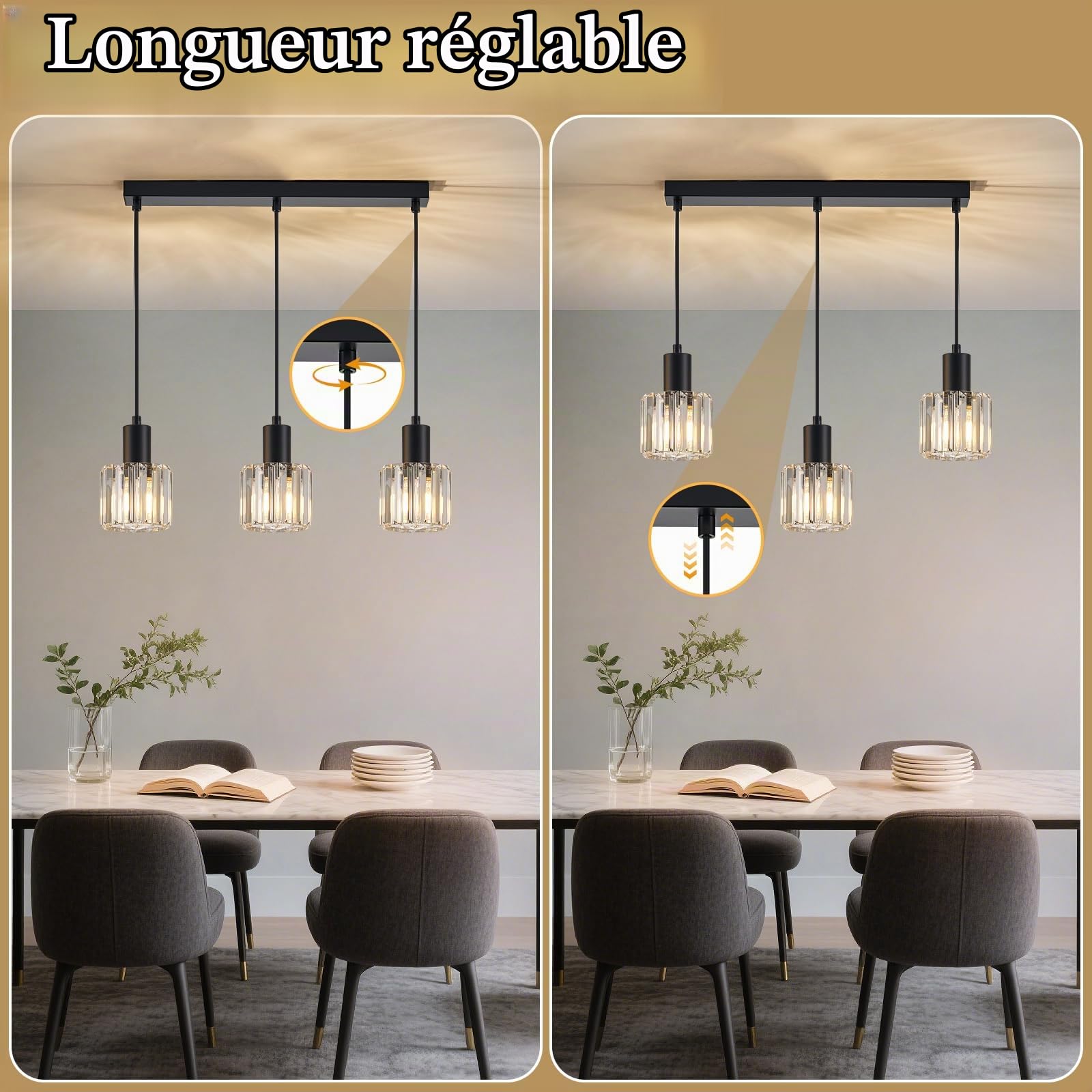 Suspension noire Lampe suspendue pour table à manger Lampe suspendue à 3 ampoules E27 Lampe de cuisine rétro Lampe de salle à manger Lampe de salon Lampe suspendue industrielle (Transparent)
