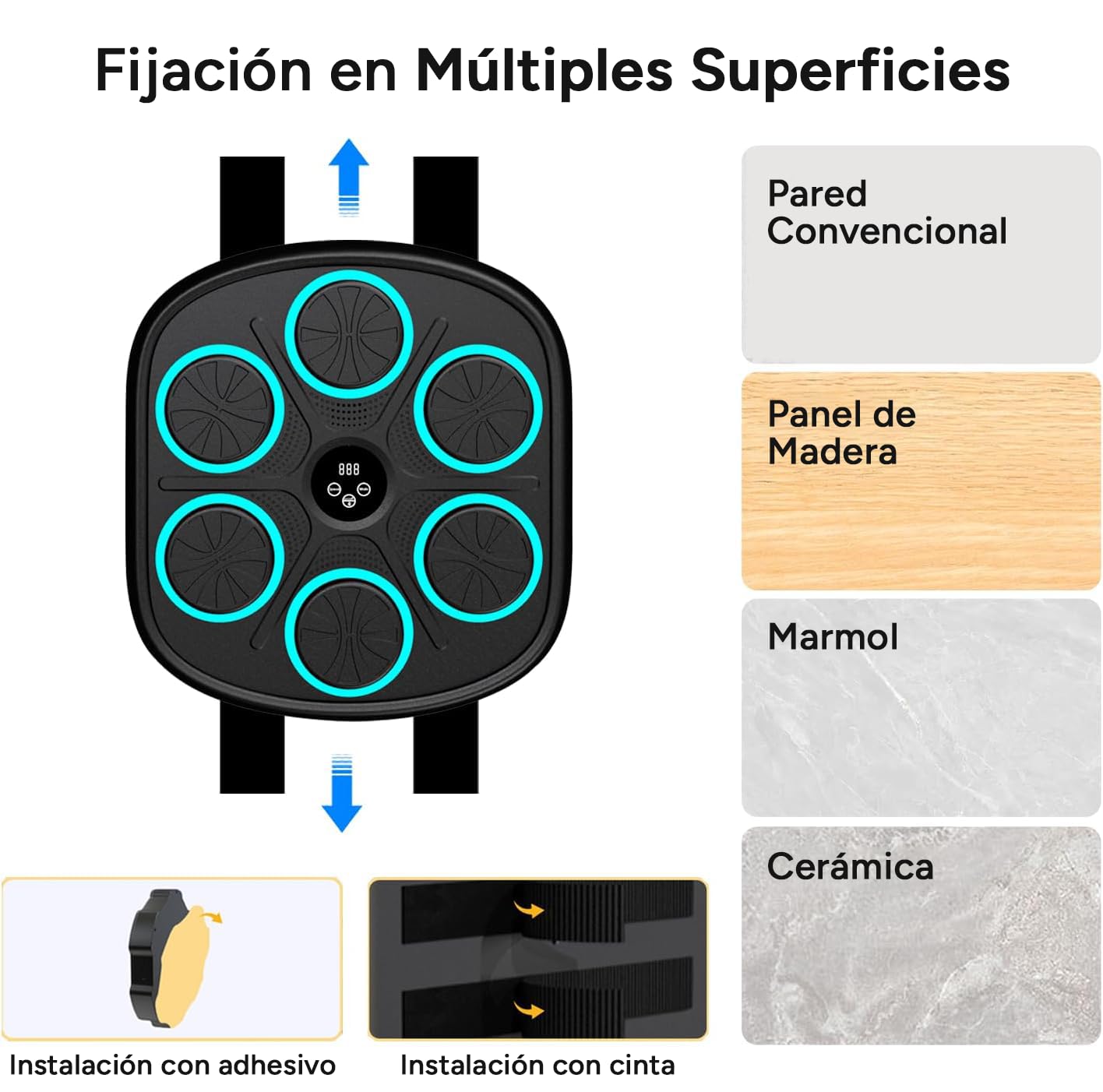 Maquina Boxeo Musical Pared 9 Velocidades, Fácil Instalación Sin Taladros, Conexión Bluetooth, Recuento de Golpes, Luces al Ritmo de la Música, Incluye Guantes