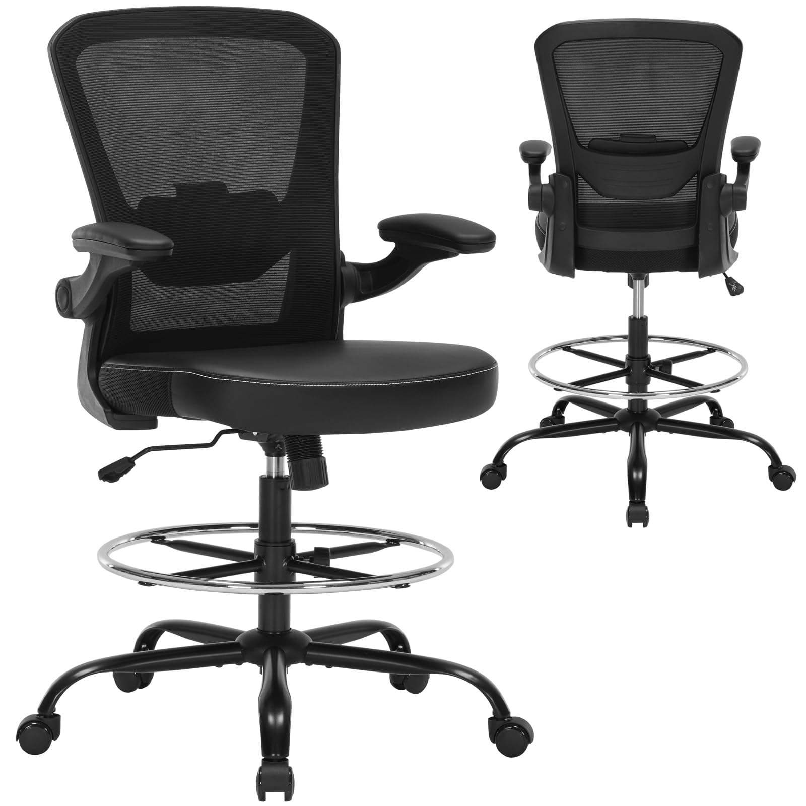 Bondesin Drafting Chair, Tall Heavy Duty Office Chair with PU Leather Seat, Ergonomic Desk Stool with Lumbar Support, Adjustable Footrest Ring &