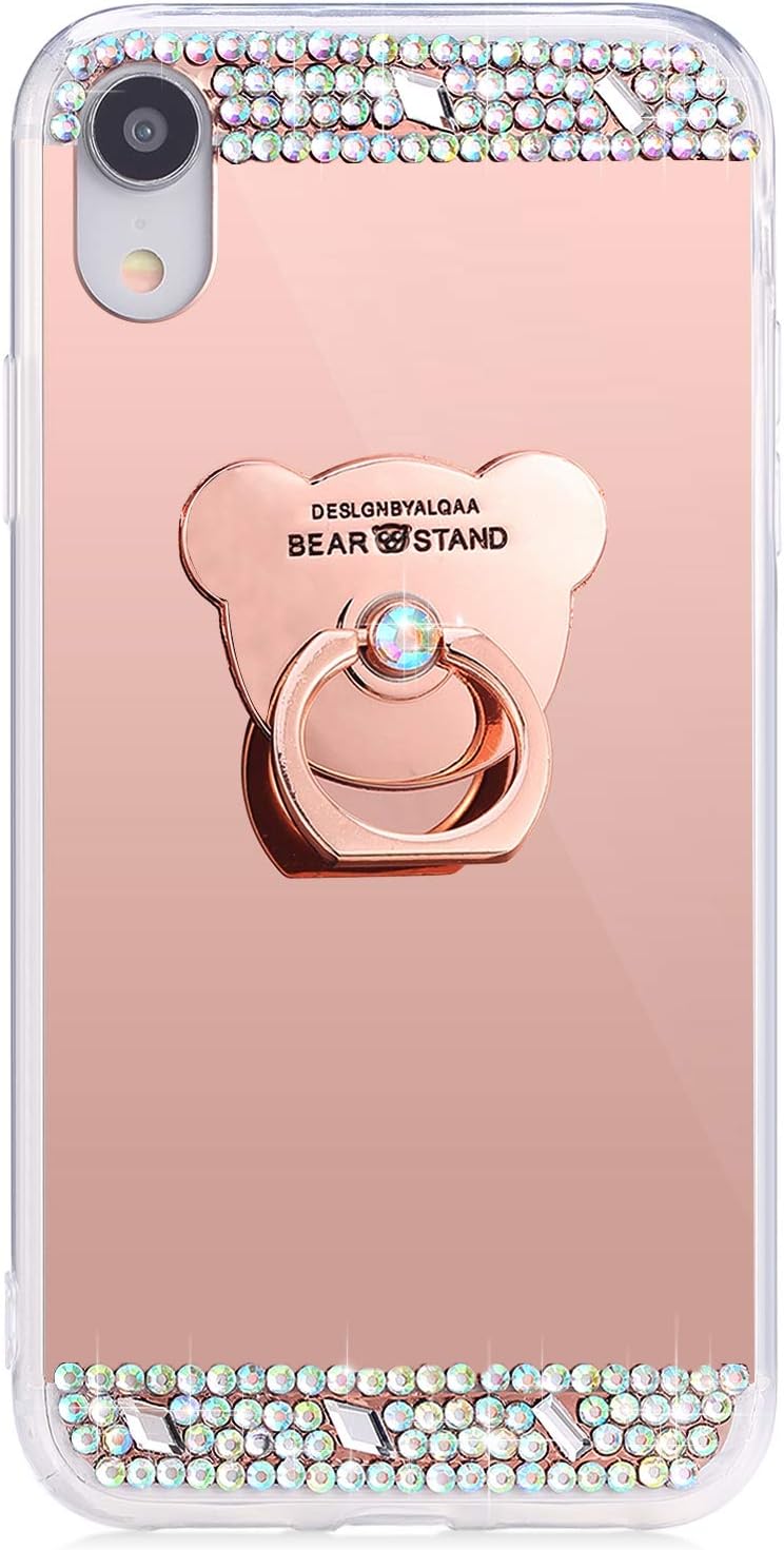 Hpory compatible with iPhone XR Case, Rhinestone Soft Rubber Bumper Cover Bling Diamond Glitter Mirror Makeup Case with Ring Stand Holder 360 Degree Rotatable Flip Cover, Rose gold