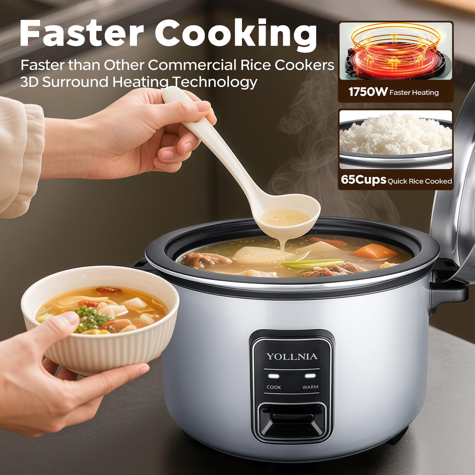 Cuiseur de Riz [15L Grande Capacité] Pour 35-55 personnes, grand cuiseur à riz | Maintien au chaud 24h | Fonctionnement par simple pression, chauffe-plats avec récipient antiadhésif