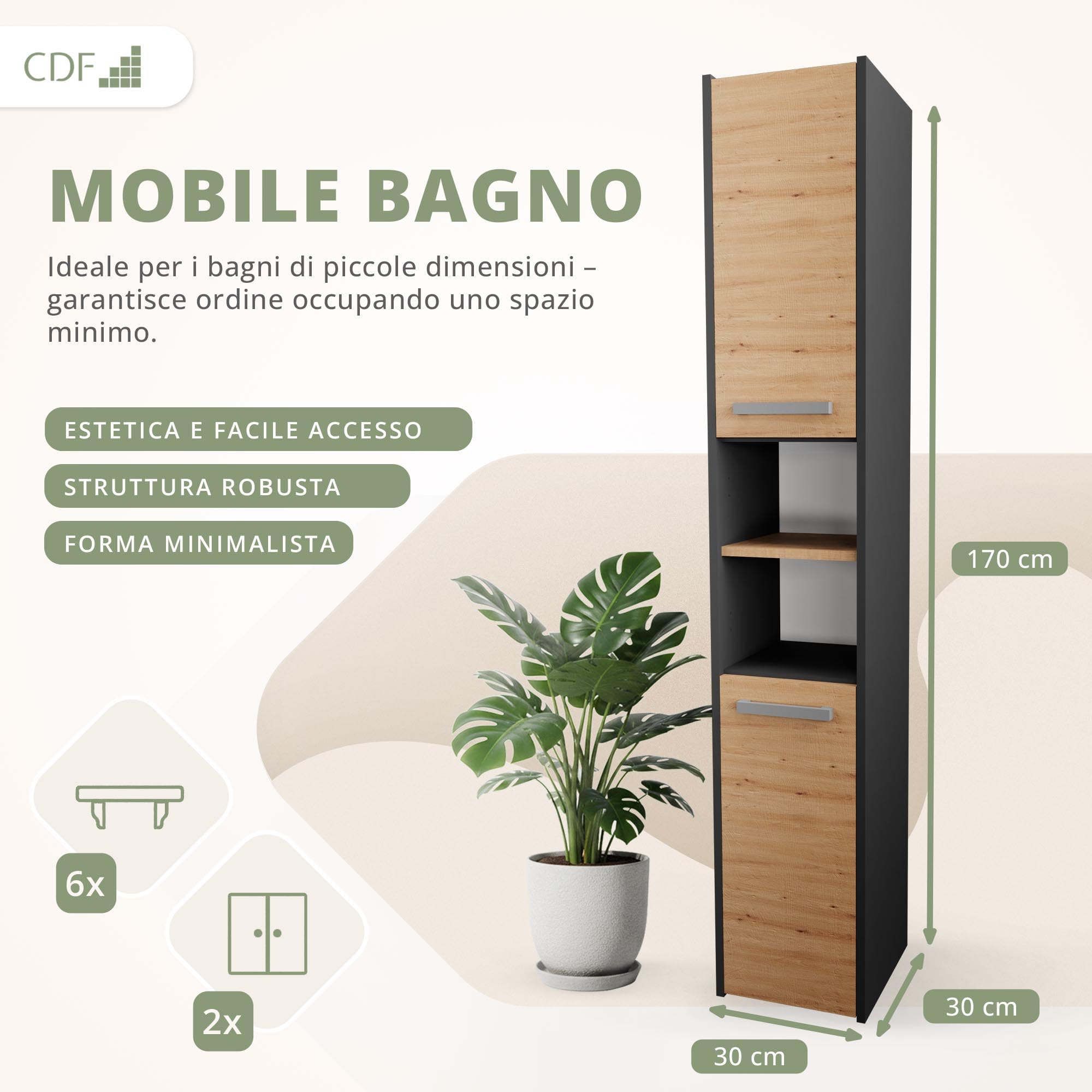 CDF Armadio da Bagno Alto largh. 30 cm Colonna Bagno Mobiletto Portaoggetti Stretto Ripiani e Scomparti per Piccoli Spazi, Cosmetici Moderno Mobile Salvaspazio Rovere Artisan/Antracite 30x30x170 cm