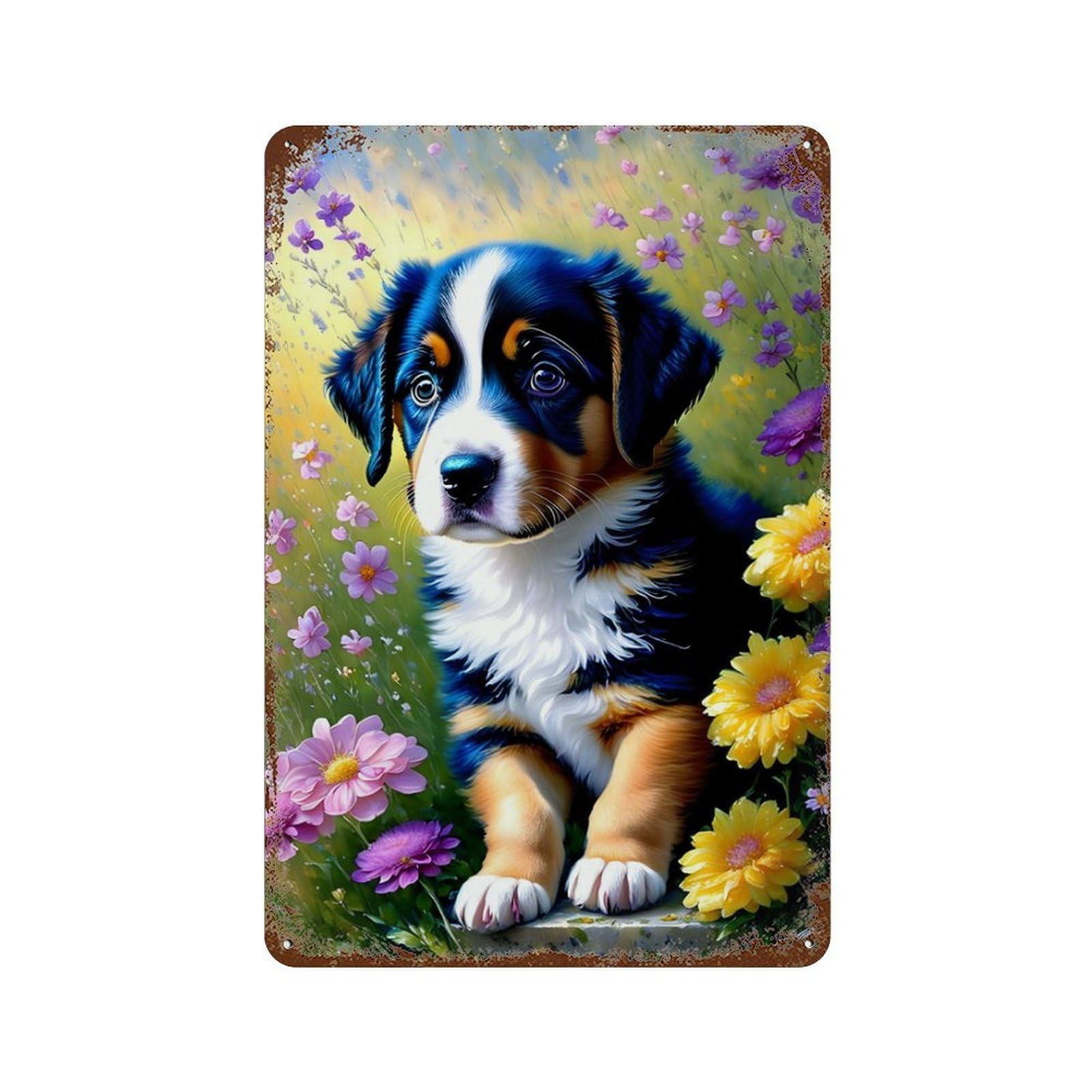 Floral Puppy Paradise Vintage Metal Tin Sign 11.8"x7.9", Rustic Home Decor for Garage, Bar And Workshop Decor