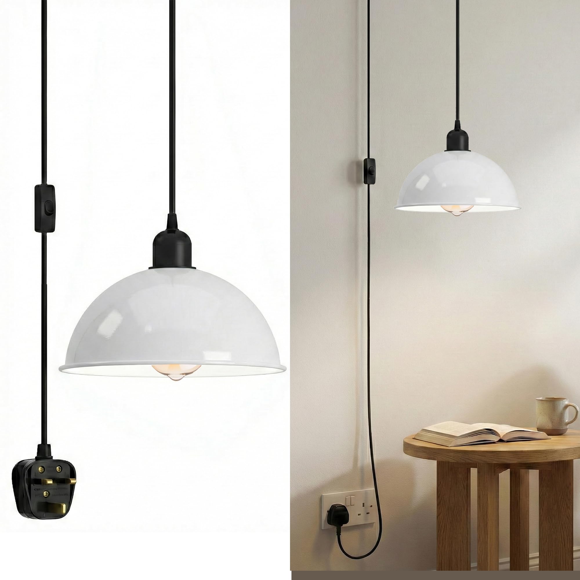 LEDSone Plug in Pendant Lighting, 4.5M Adjustable Vintage Plug in Ceiling Light, Metal Lampshade Hanging Lamp with Switch, E27 Black Pendant Light Fitting, E27 Bulb Holder for for Kitchen (White)