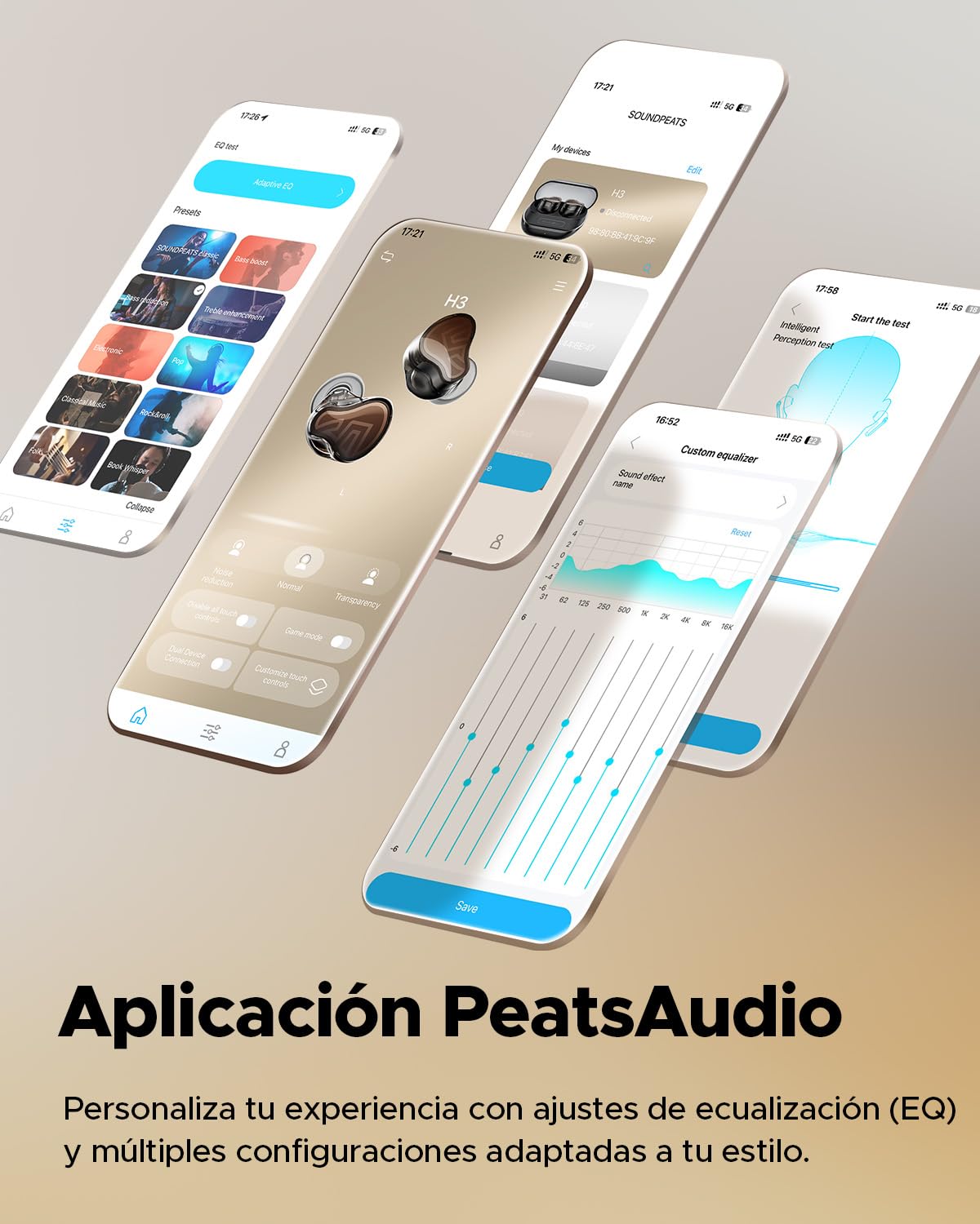 SoundPEATS H3 Auriculares Inalambricos Bluetooth Hi-Res con LDAC & aptX Lossless, Triple Unidad (1DD+2BA), Cancelación Activa 55dB, 6 Micrófonos AI, Modo Transparente, BT5.4, App, 37H, IPX5