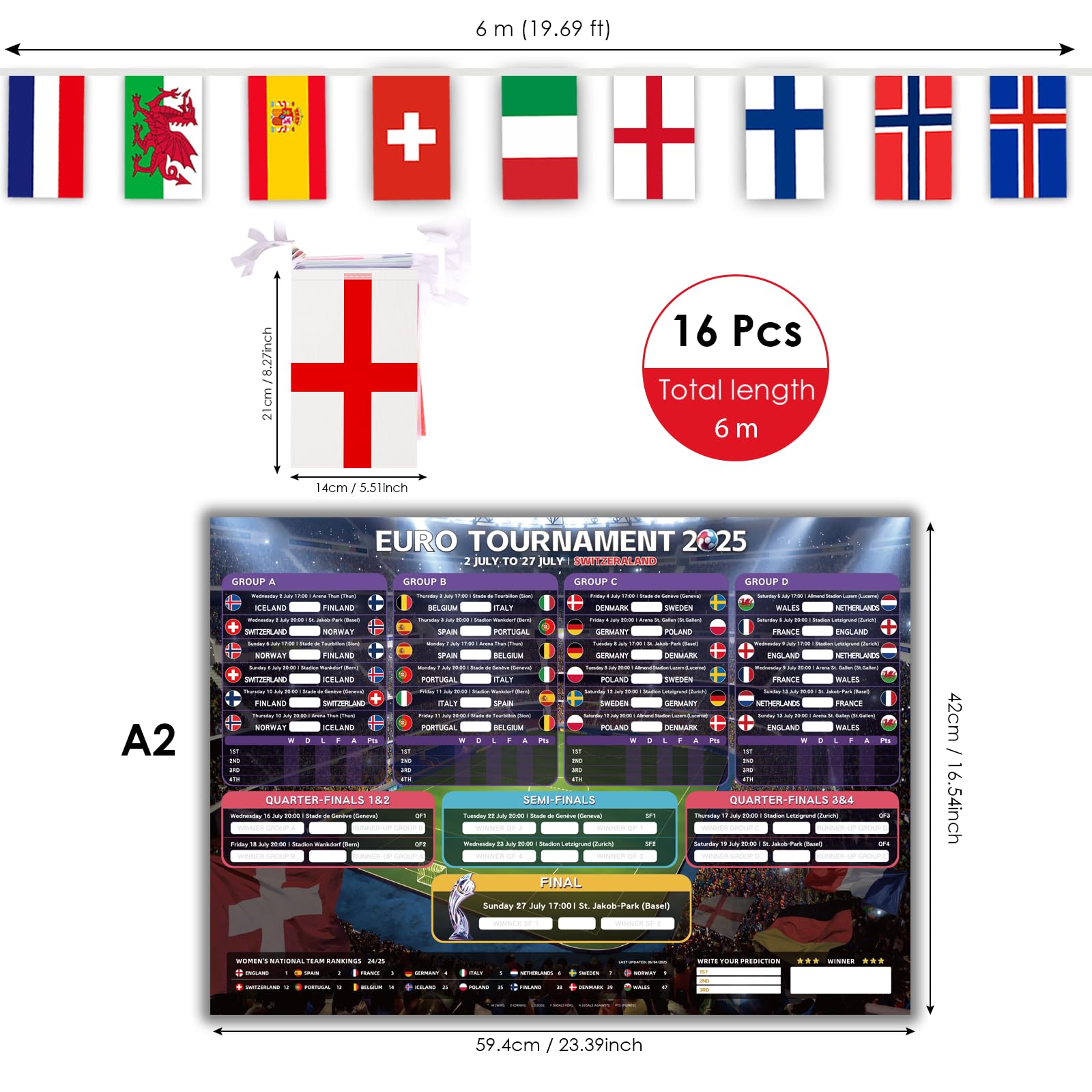 Bannière De Drapeaux Coupe D'Europe Féminine 2025 – 16 équipes – Décoration Fête Football, Jardin, Bar – 8 M