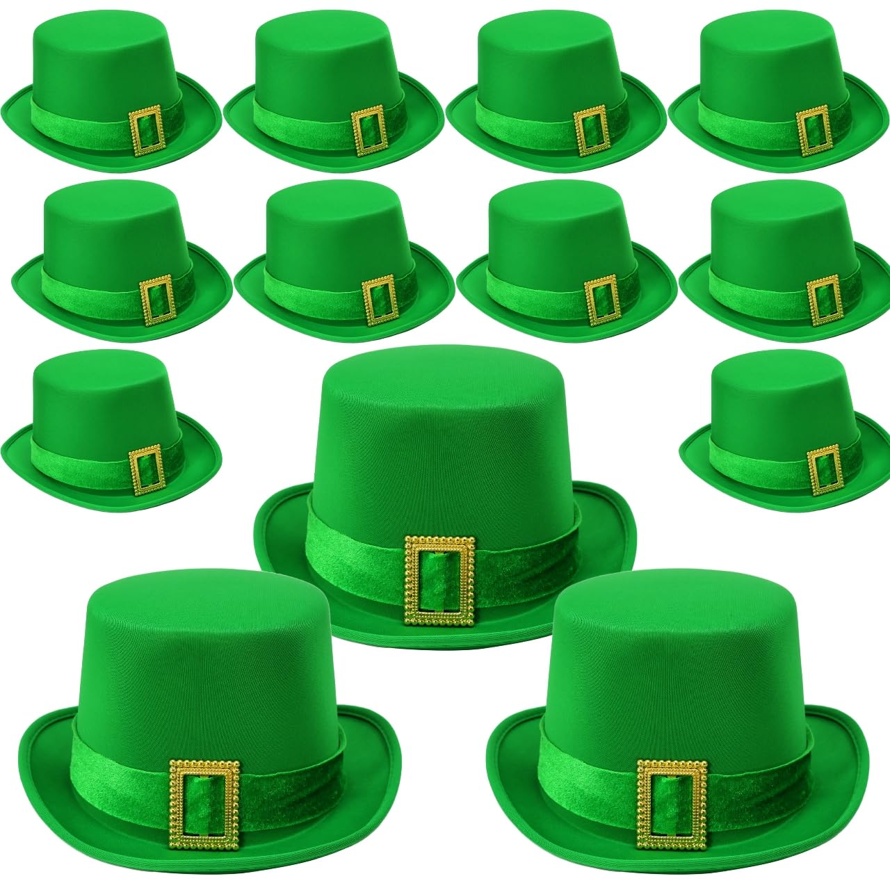 GiftExpress 12 Pack St Patricks Day Leprechaun Top Hat Bulk Green Satin Hat with Velvet Ribbon and Gold