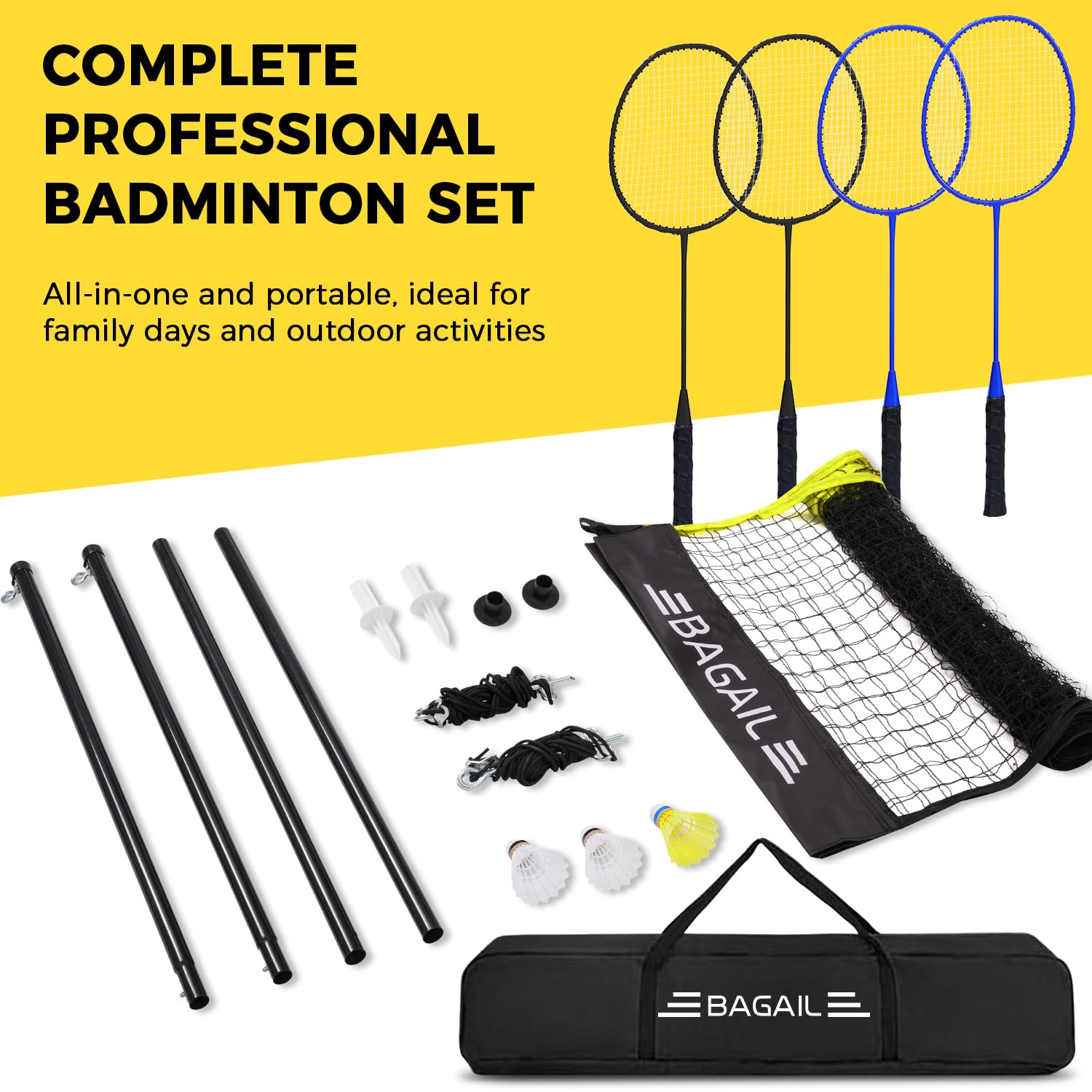 BAGAIL Professionelles Badmintonnetz-Set, TurnierschANDARD 6,1m x 1,55m, Allwettertauglich PE-Netz, 5-Minuten-Montage, Mit 4 Schlägern, 3 Schittern und Tragetasche