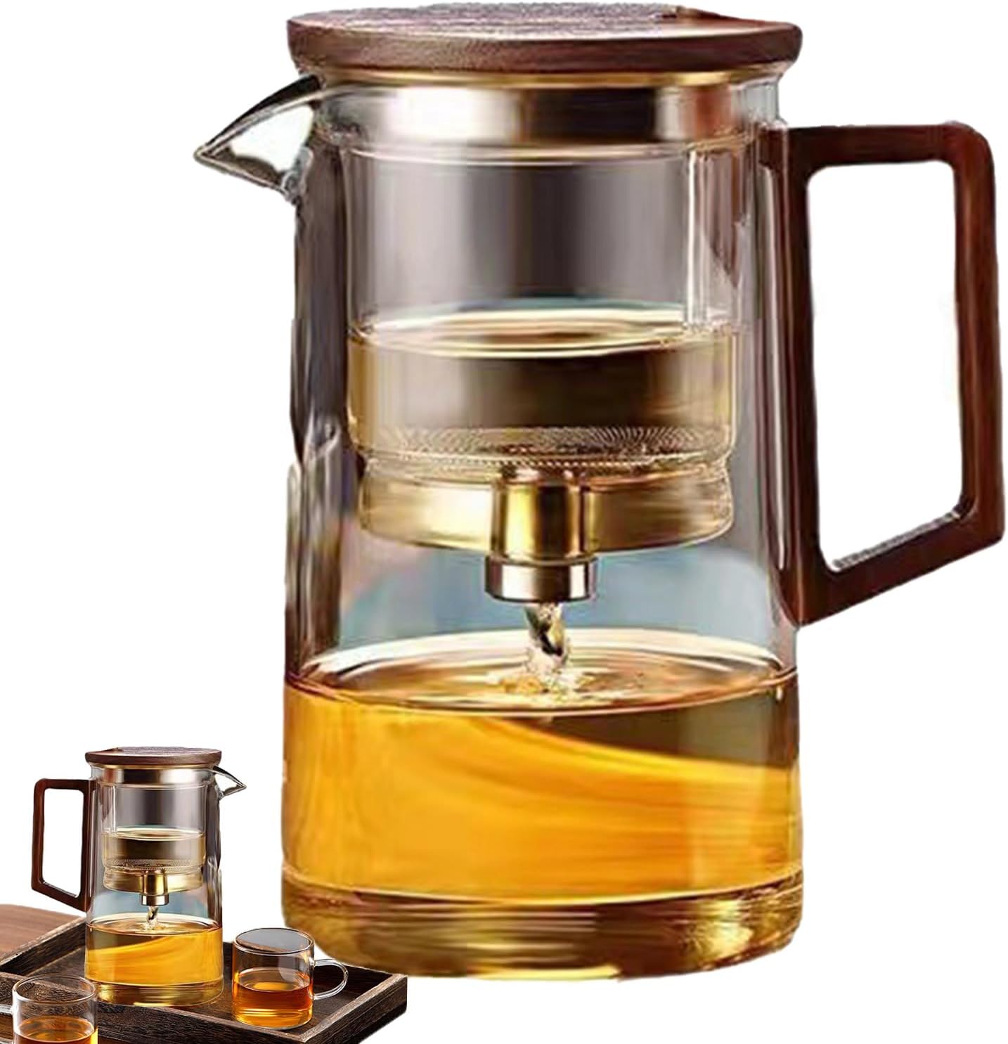 Glass Teapot – Glass with Walnut Wood Inner Liner 500ml/750ml | Magic One-Button Press-to-Filter Tea Pot with Built-in Strainer | Transparent Classic Teapot for Tea Brewing Home Kitchen and Daily Use
