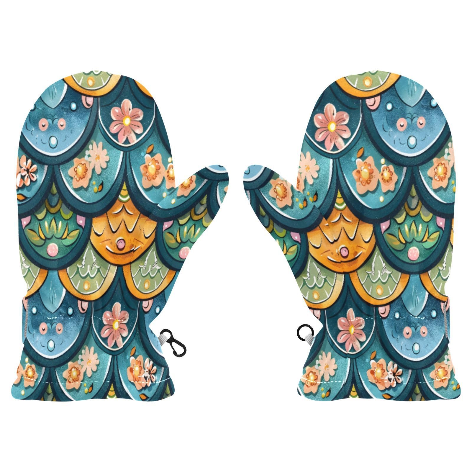 Kid's Winter Gloves Children Warm Gloves Fantasy Mermaid Scale Pattern with Many Flowers for Boys Girl Age 2-4 Years