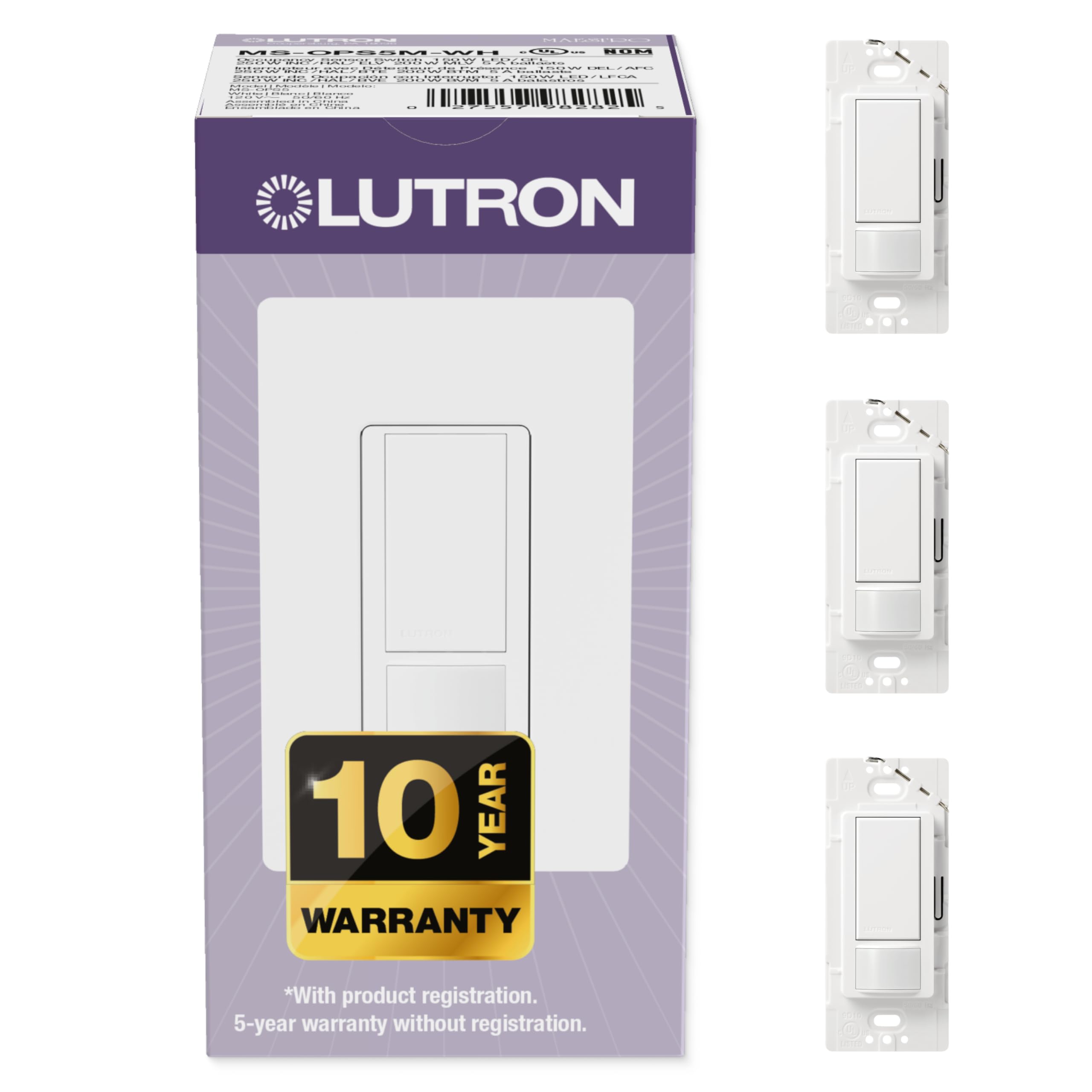 Lutron Maestro Motion Sensor Light Switch Indoor for Bathroom, Garage, Laundry Room, Closet, Occupancy Sensor Light Switch, Single-Pole, No Neutral, MS-OPS5M-WH, 3 Pack