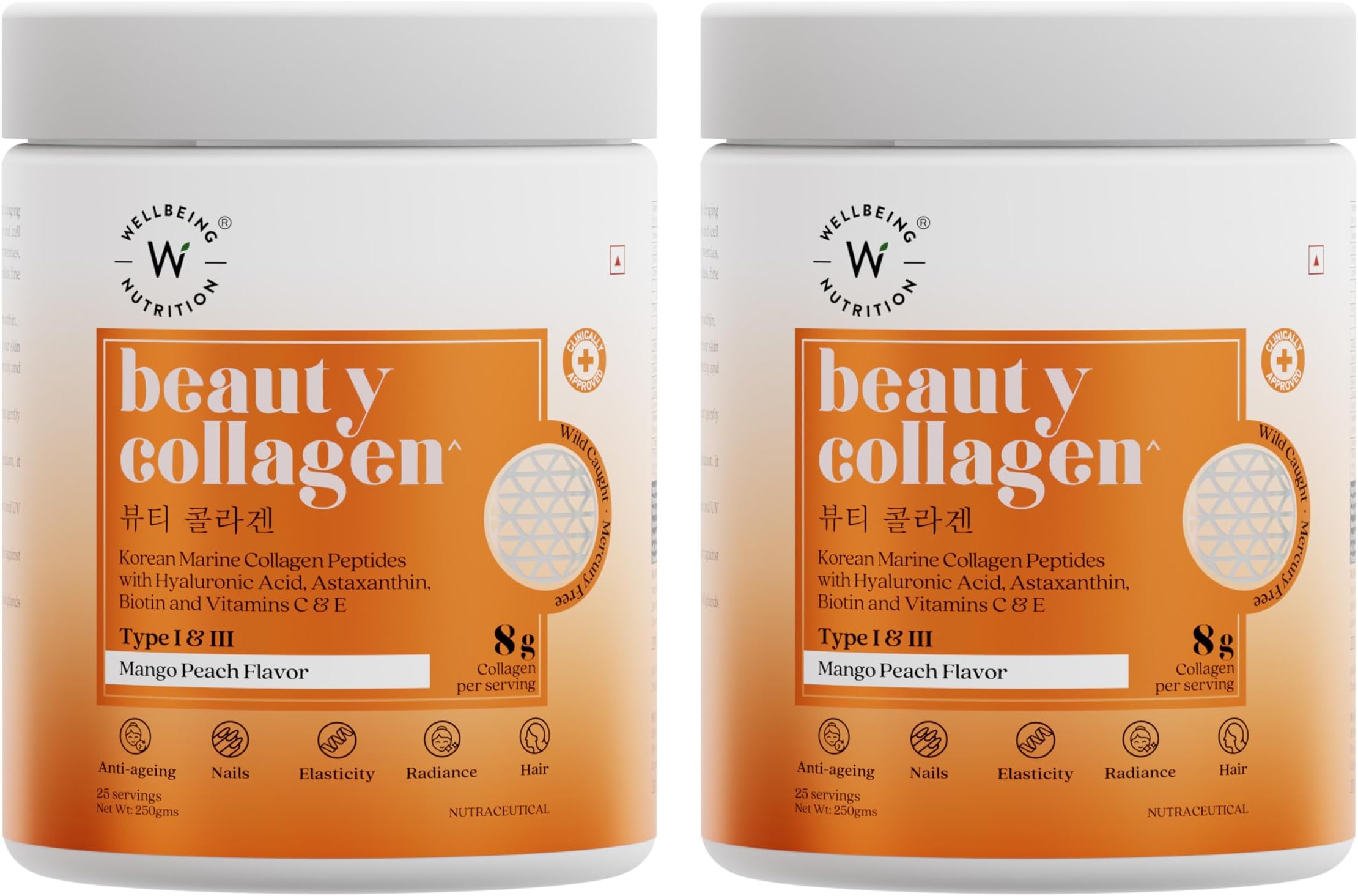 Beauty Collagen with Hyaluronic Acid | Collagen Supplements for Women & Men | Collagen Powder with Biotin and Vitamins for Skin Radiance & Anti-Aging | 250g - Mango Peach Flavor