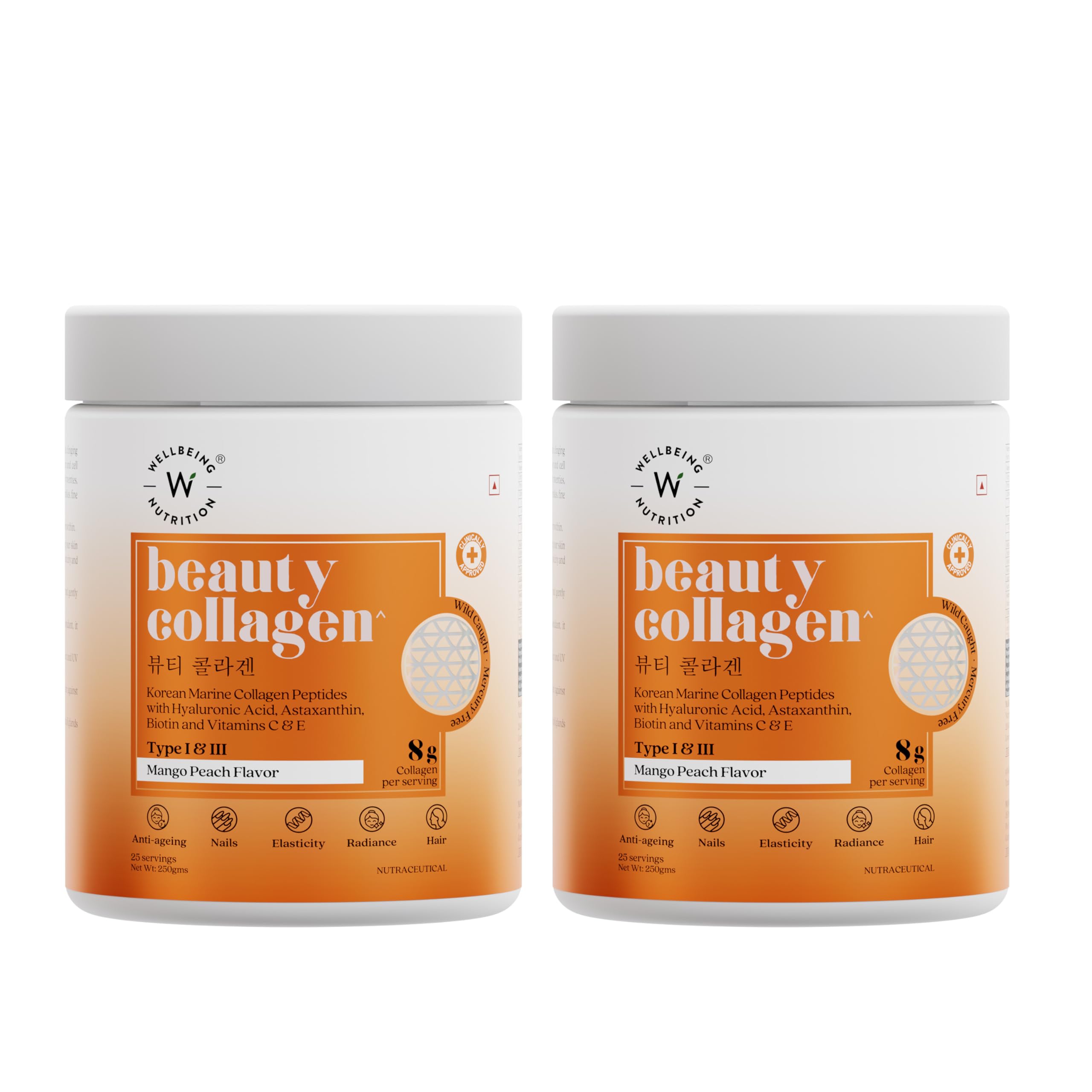 Wellbeing Nutrition Beauty Collagen with Hyaluronic Acid | Collagen Supplements for Women & Men | Collagen Powder with Biotin and Vitamins for Skin Radiance & Anti-Aging | 250g - Mango Peach Flavor