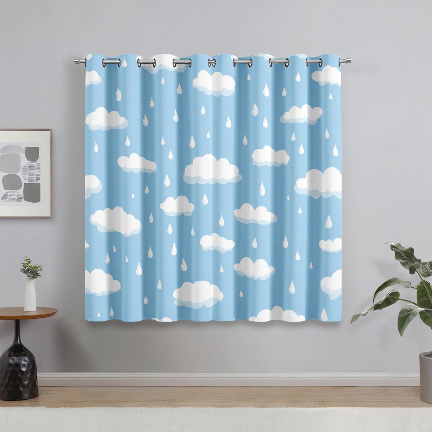 Générique Rideau Occultant Nuage, Decoration Chambre Salon, Rideaux Imprimé Motif Goutte Bleu Ciel, Lot de 2 Rideaux Thermiques à Oeillets, 75x166 cm (LxH)