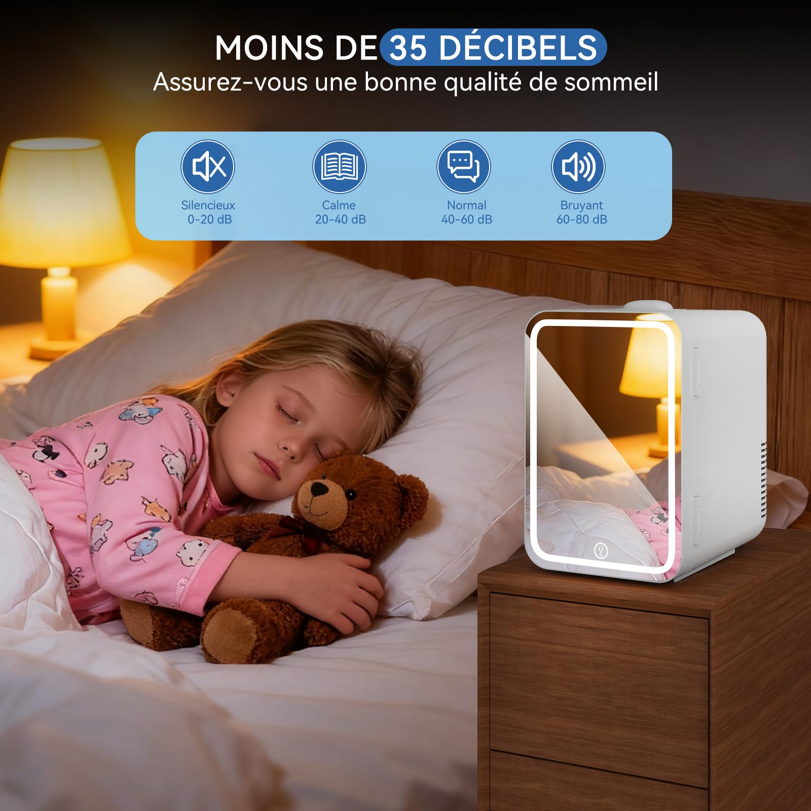 YU YUSING Mini Frigo Cosmetique 8L avec Miroir LED, Mini Réfrigérateurs Portable, Petit Frigo de Chambre 12V/220V avec Fonction Chaud/Froid, Miroir de Maquillage Led pour voitures, Blanc