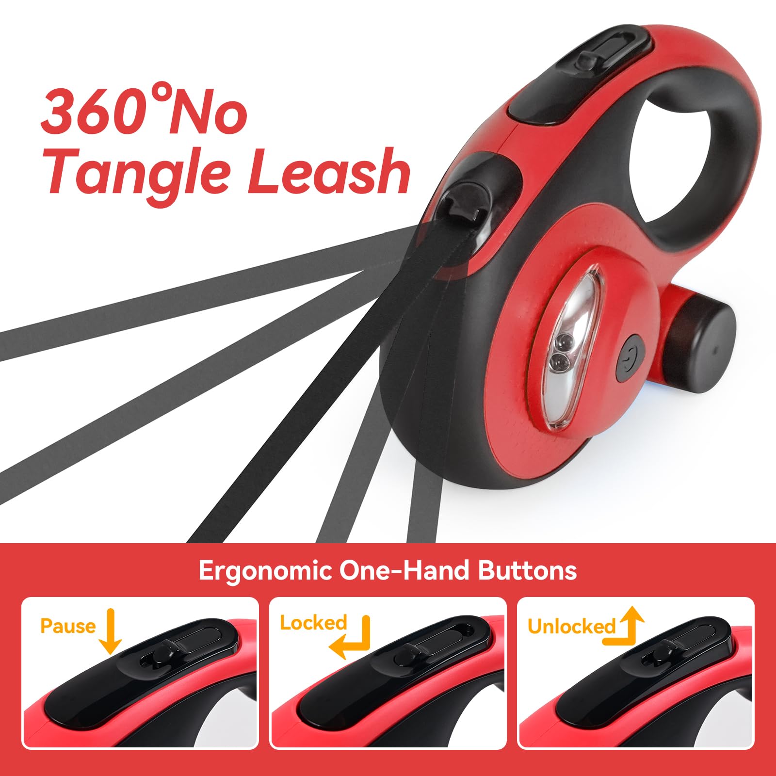 Laisse rétractable 6 en 1 pour chien avec câble anti-mastication, lumière LED, distributeur, 2 sacs à déjections canines, frein et verrouillage à un bouton, poignée antidérapante, pour petit et